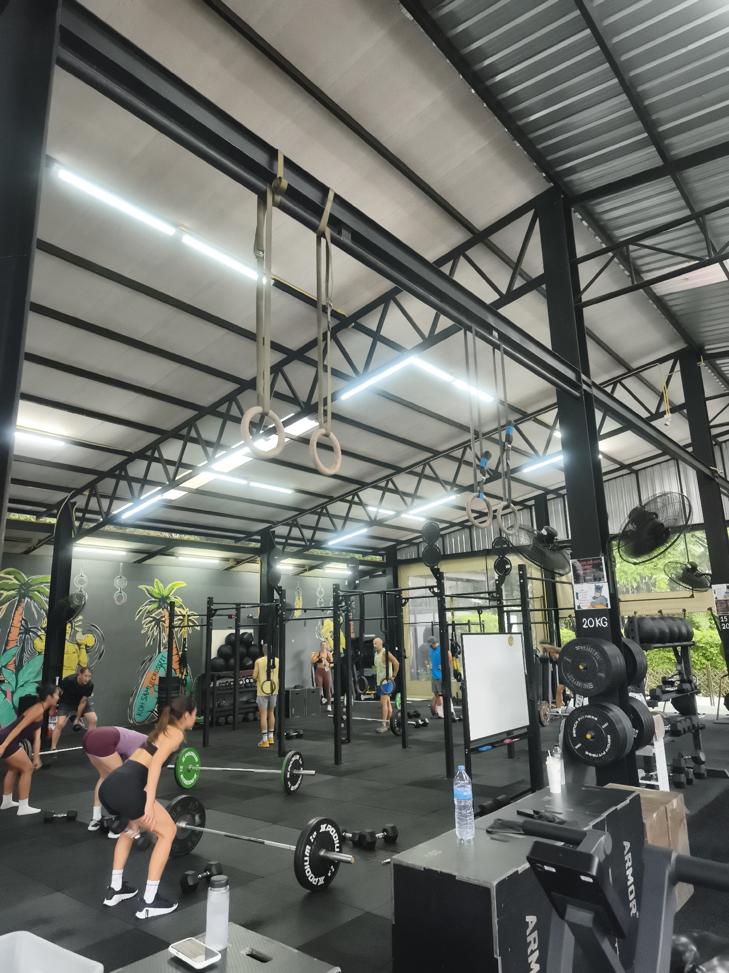 Here's a detailed description of the image:
**Location:** The image appears to be taken inside a gym, likely located in Baan Bo Phut, Thailand, given the presence of "KOH SAMUI CROSS" on the wall. The structure of the building features a high, open ceiling with metal beams and supports. There is a mural painted on a wall in the background depicting a tropical scene with palm trees and possibly a silhouetted cityscape.
**People:** Several people are present in the gym, engaged in various activities. A group of women in the foreground are positioned with barbells. There are other people of both sexes scattered throughout the gym, some appearing to be exercising or waiting their turn.
**Objects:** The gym is well-equipped with standard fitness equipment, including:
* Barbells with weight plates
* Dumbbells
* Gymnastic rings hanging from the ceiling
* Weight racks loaded with plates. The weight of 20 kg is displayed.
* A whiteboard
**Actions and Interactions:**
* The women in the foreground are poised or engaged in a weightlifting exercise, potentially deadlifts or squats.
* Other individuals are presumably performing different exercises or resting between sets.
**Environment:** The gym has a functional, industrial feel. The floor appears to be covered with rubber mats. Natural light is coming in, along with fluorescent lighting attached to the ceiling. Several large fans are running along the side of the building. A water bottle is on a box next to some gym equipment.