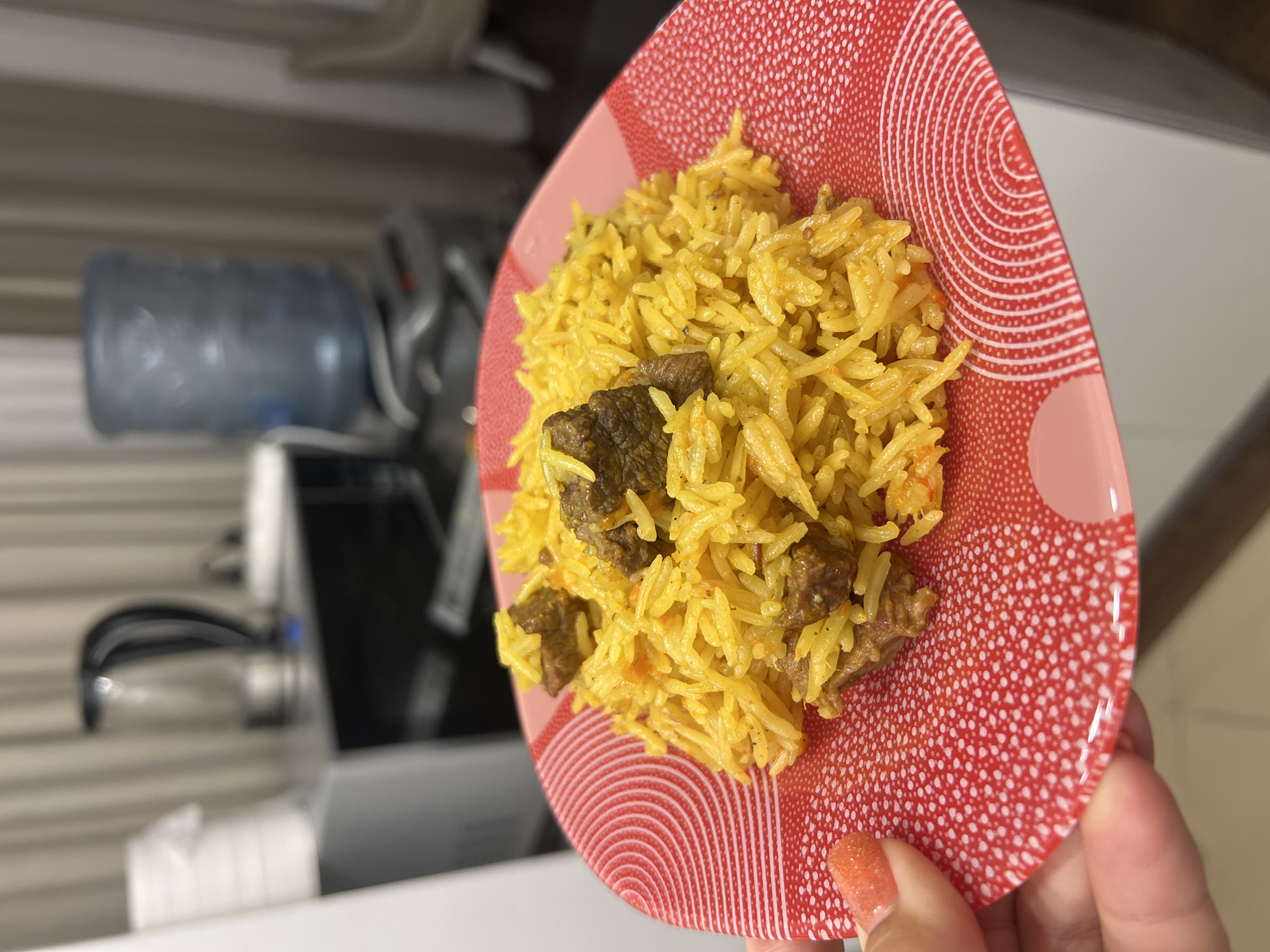 An overhead shot captures a close-up of a plate of biryani, a flavorful rice dish with meat, resting on a red and white patterned plate. A hand with orange-painted nails is visible on the left, holding the plate. The background is blurred, but hints of a kitchen or office space can be seen, including a water dispenser, a kettle, and cabinetry. The setting appears to be a home or office environment in Sharm El Sheikh, Egypt.
