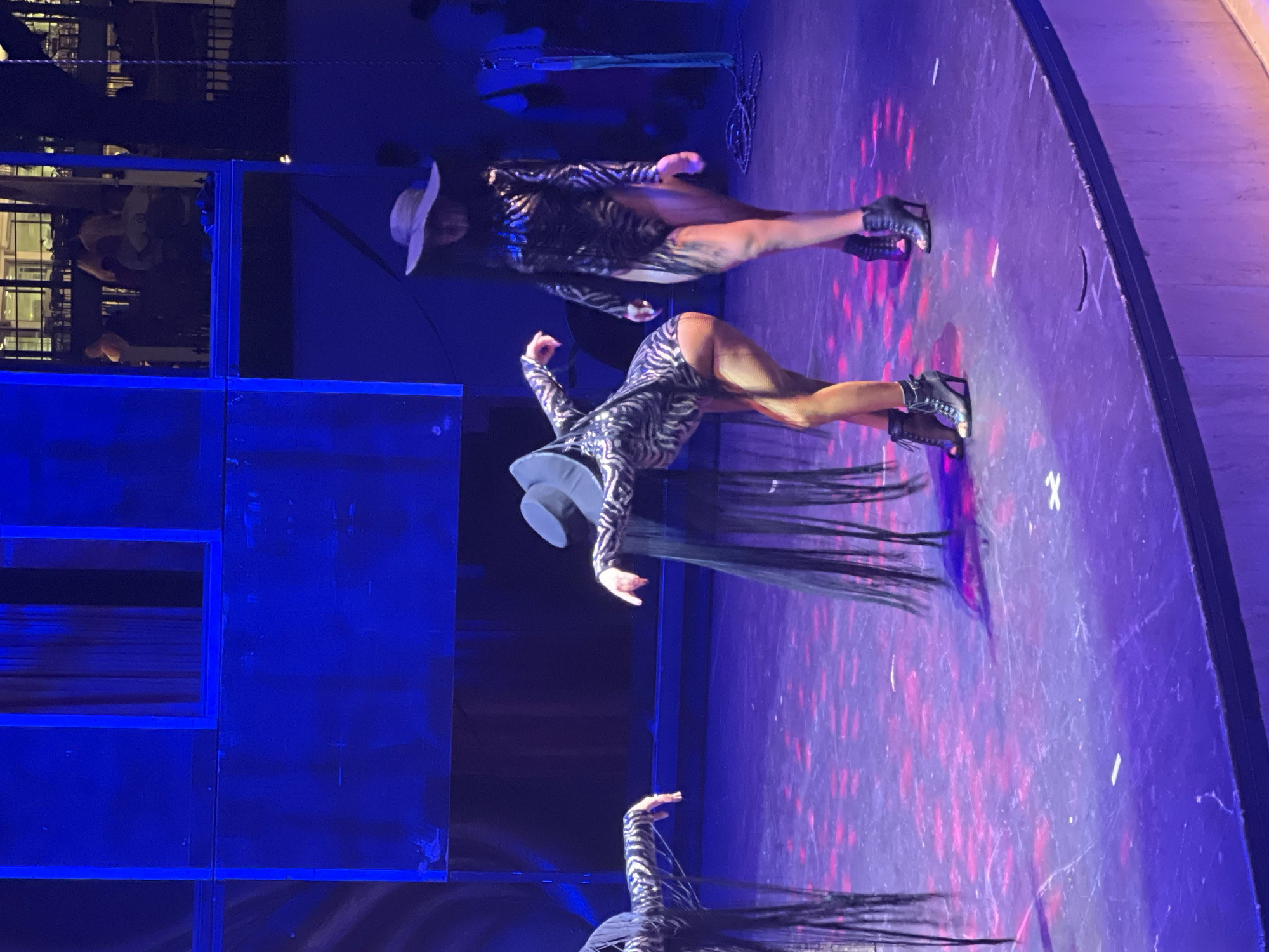Two individuals wearing black, wide-brimmed hats and matching zebra-patterned leotards with fringe are performing on a dimly lit stage. The leotards have long sleeves and high-cut legs, and both individuals are wearing black heeled ankle boots. Their hair appears to be long and black, cascading down like extensions. One performer is bent at the waist with their arms extended, while the other is standing and looking down. The stage floor is a dark color with scattered pink and purple lights. In the background, a blue-lit structure with geometric patterns is visible, and beyond that, a blurry scene of people and buildings can be seen through a window. The overall atmosphere is one of a performance or show.