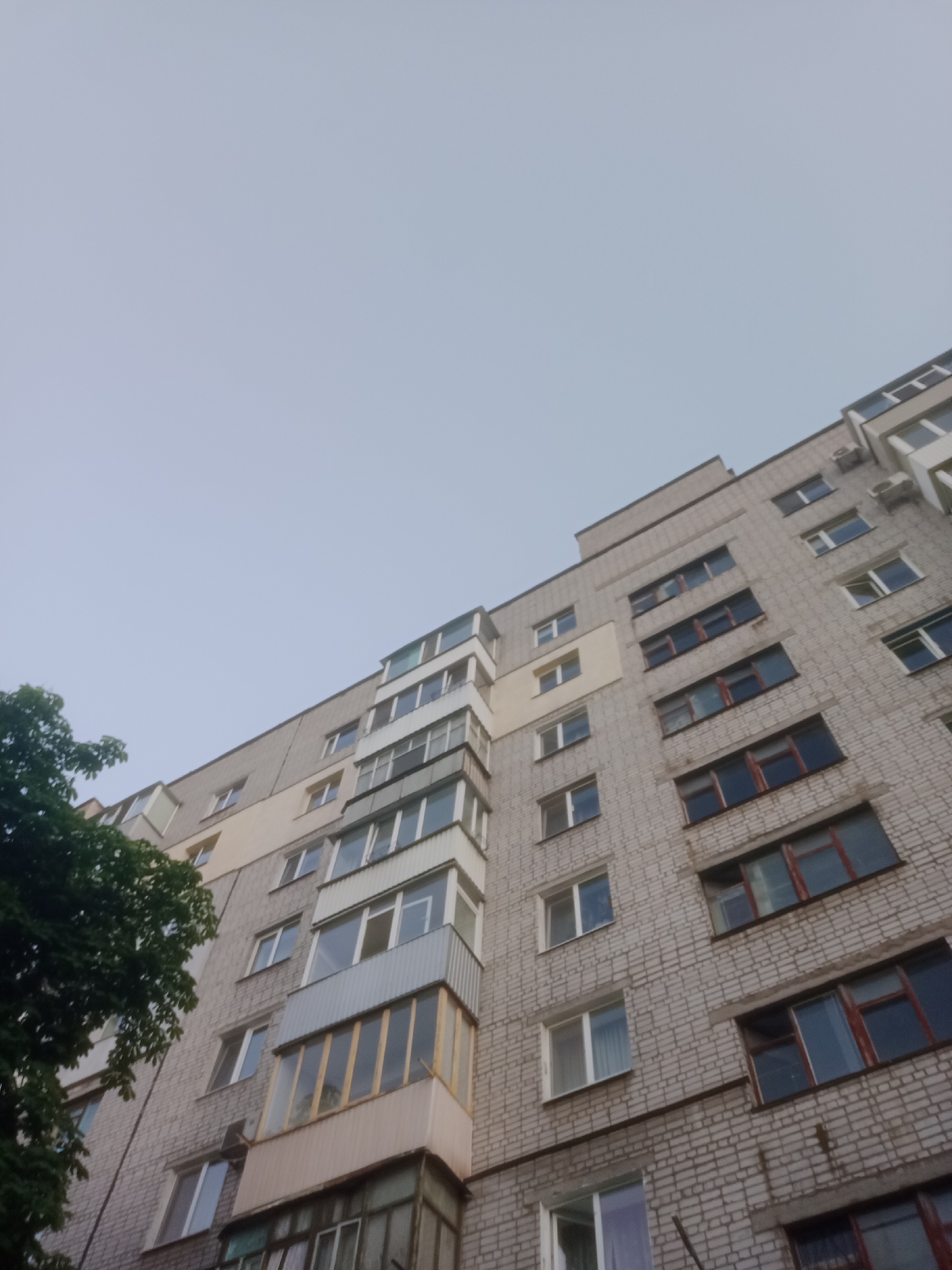 This is a low-angle, full-shot photograph of a multi-story apartment building, likely in the city of Horishni Plavni, Ukraine. The building is constructed with light grey brick and has multiple floors with numerous windows and balconies. The sky above is a pale, overcast grey. To the left of the building, a portion of a dark green tree with dense foliage is visible, partially obscuring the lower floors. The architecture suggests a typical Soviet-era apartment block. No people are visible in the image.