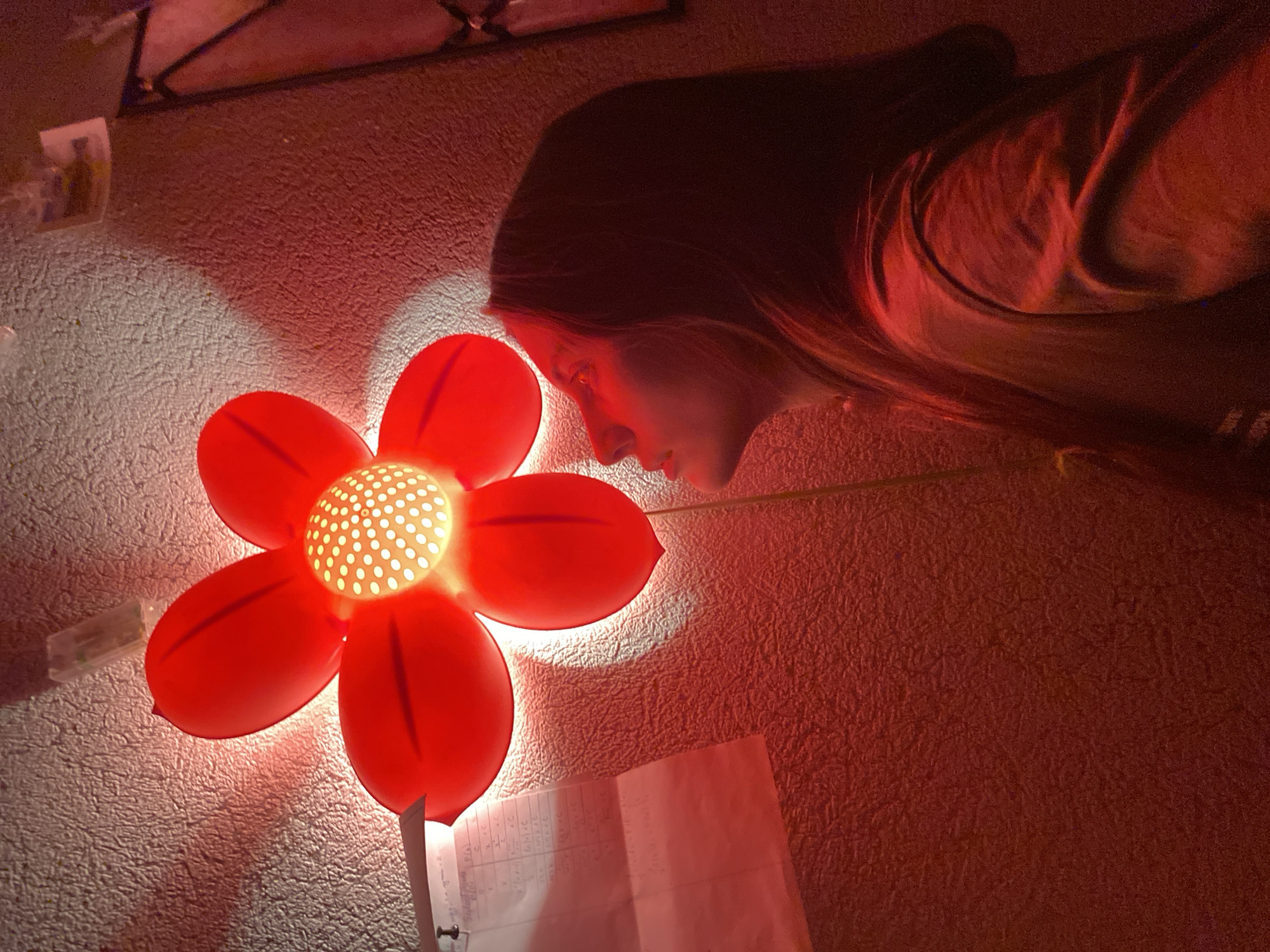 A portrait-oriented image captures a person in profile, illuminated by the vibrant glow of a red, flower-shaped wall lamp. The scene is set indoors, likely in Votkinsk, Russia, characterized by a textured, light-colored wall that appears reddish due to the dominant light source.
The main subject is a person, possibly female, with long dark hair, seen from the right side of their face. Their head is tilted downwards, and their expression suggests focus or contemplation as they appear to be observing the lamp or something below it. Soft light from the lamp catches their features, creating gentle highlights and shadows.
The central object is a large, six-petaled flower lamp, predominantly red, with a brightly illuminated, perforated center. This center emits a warm, yellowish-white light, which diffuses through the red petals and casts distinct light patterns on the textured wall around it. The artificial light source dominates the visual field, indicating the image was taken in a low-light environment, likely evening or night.
Below the flower lamp, a piece of paper is visible, seemingly attached to the wall. It contains handwritten notes and what appear to be mathematical or logical symbols and formulas, including "f(x)", "A M+C", "x", and "c". The activity depicted could be studying, reading, or deep thought in a private, warmly lit space. The overall mood is intimate and focused.