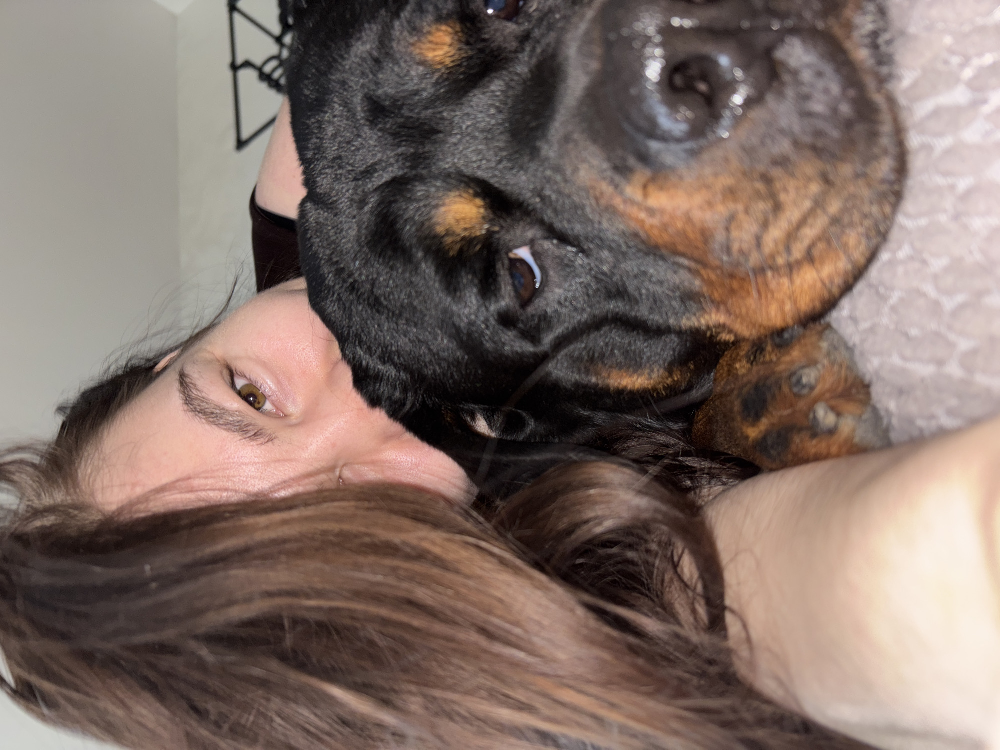 An intimate portrait captures a person and a large dog in close proximity, likely indoors in Perm, Russia. The image is taken from a slightly tilted, close-up perspective, creating a sense of warmth and companionship.
The primary subjects are a person, whose face is partially visible on the left side of the frame, and a black and tan dog, likely a Rottweiler, whose head dominates the right and center. The person has light skin, brown eyes, and long, dark brown hair that cascades across the lower part of the image. Their left eye is clearly visible, looking directly towards the viewer.
The dog's large head is positioned very close to the person's face, almost as if resting on them. Its wet, dark nose and one dark eye are prominent, showing a calm expression. The dog's fur is black with distinctive tan markings around its muzzle, eyes, and chest, characteristic of a Rottweiler. A textured, light-colored fabric, possibly a blanket or bedding, is visible in the upper right background. A light-colored wall and a dark, possibly metallic, decorative element are seen in the upper left background.
The activity suggests a tender moment of connection between the human and their pet. The lighting appears soft and indirect, indicating an indoor setting without harsh daylight, possibly late in the day or evening. No text is visible in the image.