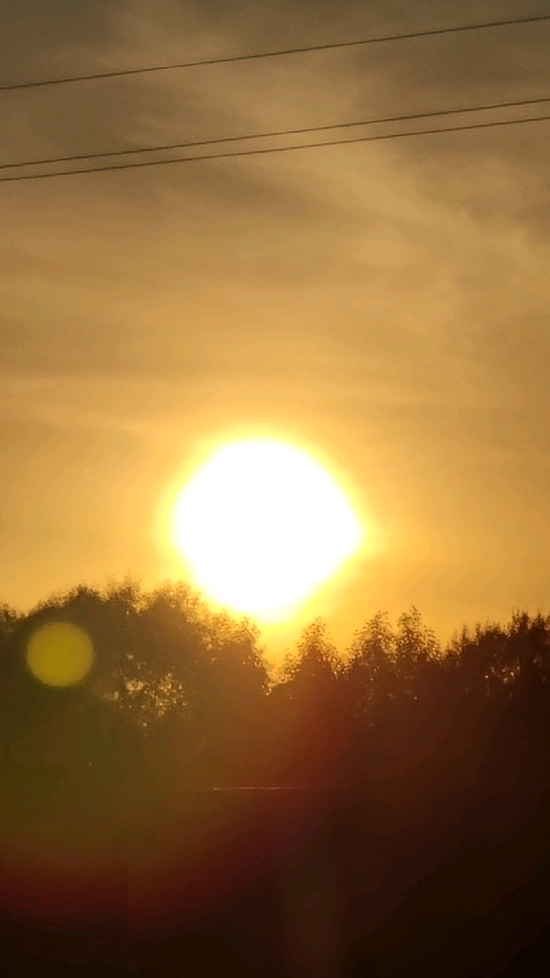 The image captures a bright, hazy sunset over Vysokoe, Russia. The sun, an intense white orb, is positioned slightly left of center in the sky, radiating a warm, golden light. The sky is filled with soft, diffused clouds that are tinged with the same golden hue. Two thin, dark power lines stretch horizontally across the upper portion of the frame. Below the sky, a silhouetted line of trees forms a dense, dark band across the horizon, their shapes softened by the atmospheric conditions. A noticeable lens flare, appearing as a yellowish-green circle, is present on the left side of the image, obscuring some of the trees and the sky. The lower portion of the image is predominantly dark, with hints of a reddish-brown hue, suggesting the presence of land or a body of water. The overall impression is one of a serene, if somewhat obscured, natural landscape at dusk.