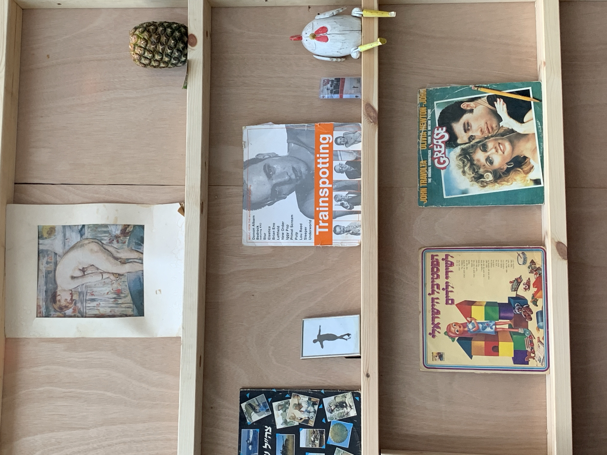 The image displays a section of wooden shelving filled with various items. On the top shelf, a framed print of a painting depicts a nude woman. To its right, a small pineapple sits on the shelf. The middle shelf holds a collection of objects including a stack of photographs, a framed silhouette, a record album titled "Trainspotting," a cassette tape, and a wooden chicken figurine. The bottom shelf features two record albums: one with Hebrew text and a colorful illustration of a girl with building blocks, and another titled "Grease" with images of John Travolta and Olivia Newton-John. The shelves are constructed from light-colored wood. The overall impression is of a display or collection of items, possibly in a home or a small gallery. There is no indication of the city of Tel Aviv or Israel in the image.