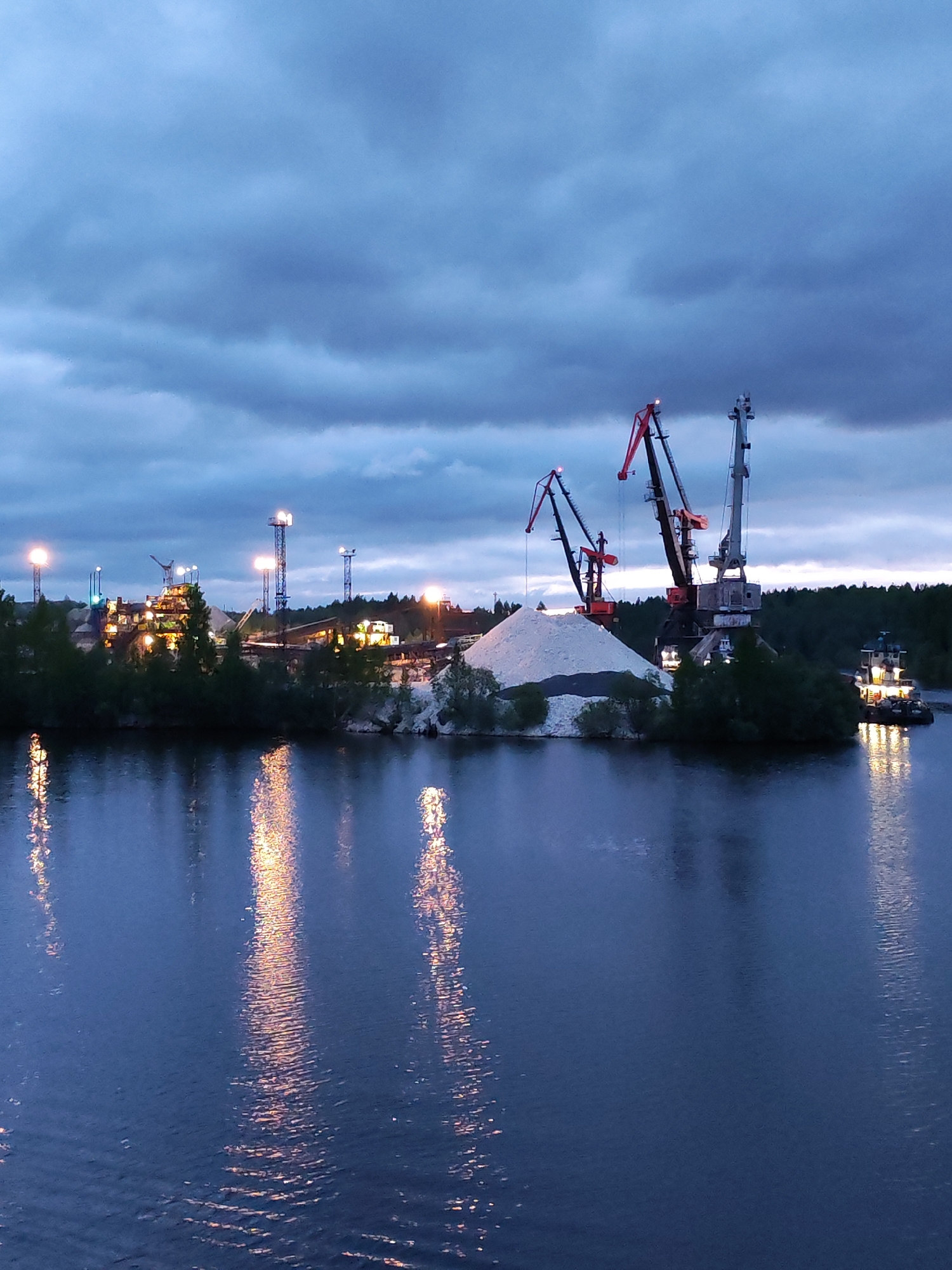 A landscape in Александровское, Russia shows a waterfront industrial area at dusk. The foreground is dominated by a dark body of water with scattered reflections of orange lights. On the opposite bank, a white pile sits to the right of an industrial complex, surrounded by trees. Three cranes stand near the white pile, two of which are red and one is grey. A tugboat is docked near the cranes. Further to the left, a series of towers with lights illuminate the industrial complex. The sky is overcast with dark, heavy clouds.