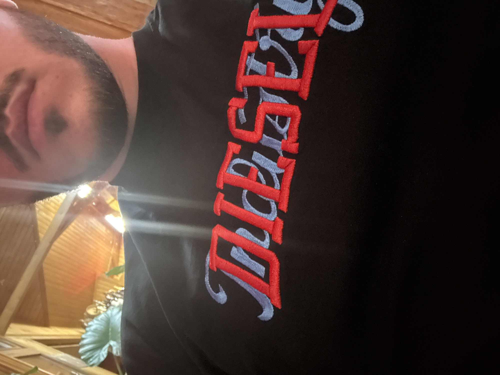 The image displays a close-up, upward-angled view of an adult male from the chest up, situated indoors. The individual wears a black, short-sleeved, crew-neck t-shirt featuring prominent embroidered text across the chest. The embroidery spells "DIESEL" in a stylized, somewhat cursive font. The primary letters are red, and they are overlaid on or shadowed by a second set of identical letters in light blue, which are offset slightly to the left and beneath the red lettering, creating a three-dimensional effect.
The man's lower face is visible, including his lips, a trimmed mustache, and a short beard forming a goatee that tapers below his lower lip, with facial hair extending along his jawline. His skin tone is fair.
The background is out of focus but reveals an indoor setting characterized by wooden elements. Exposed wooden beams and parallel wooden planks, likely part of a ceiling or wall, are visible. A warm, bright light source, possibly artificial, is present in the upper right portion of the background, casting a glow and exhibiting some lens flare. A large, green, leaf-like object, possibly from a plant or decoration, is partially visible in the upper left background.
This scene is presented without specific visual identifiers for Debrashtitsa, Bulgaria, but is described within that geographical context as requested.