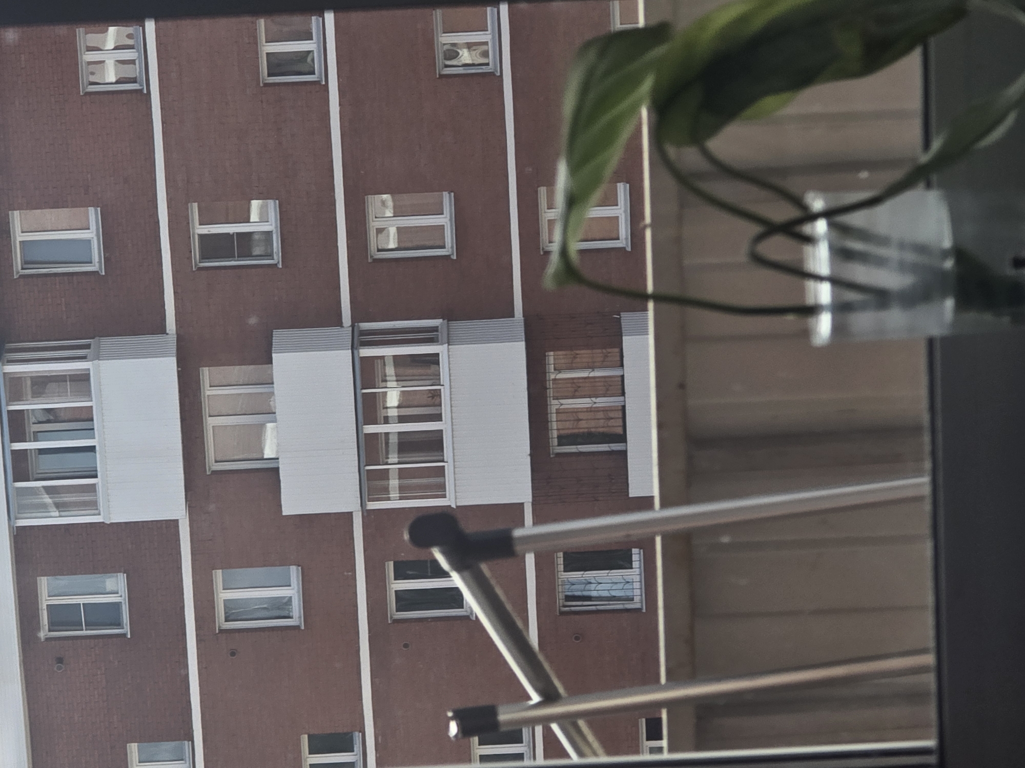 The image shows a view of a red brick apartment building from a window. The building has multiple floors with numerous windows and balconies. In the foreground, a portion of a clothes drying rack is visible, along with a clear glass container holding a plant with green leaves. The background is the facade of the apartment building, with several windows reflecting sunlight. The scene appears to be outdoors in a city, likely Ulan-Ude, Russia, given the building's architecture and the overall environment. There are no people visible in the image.