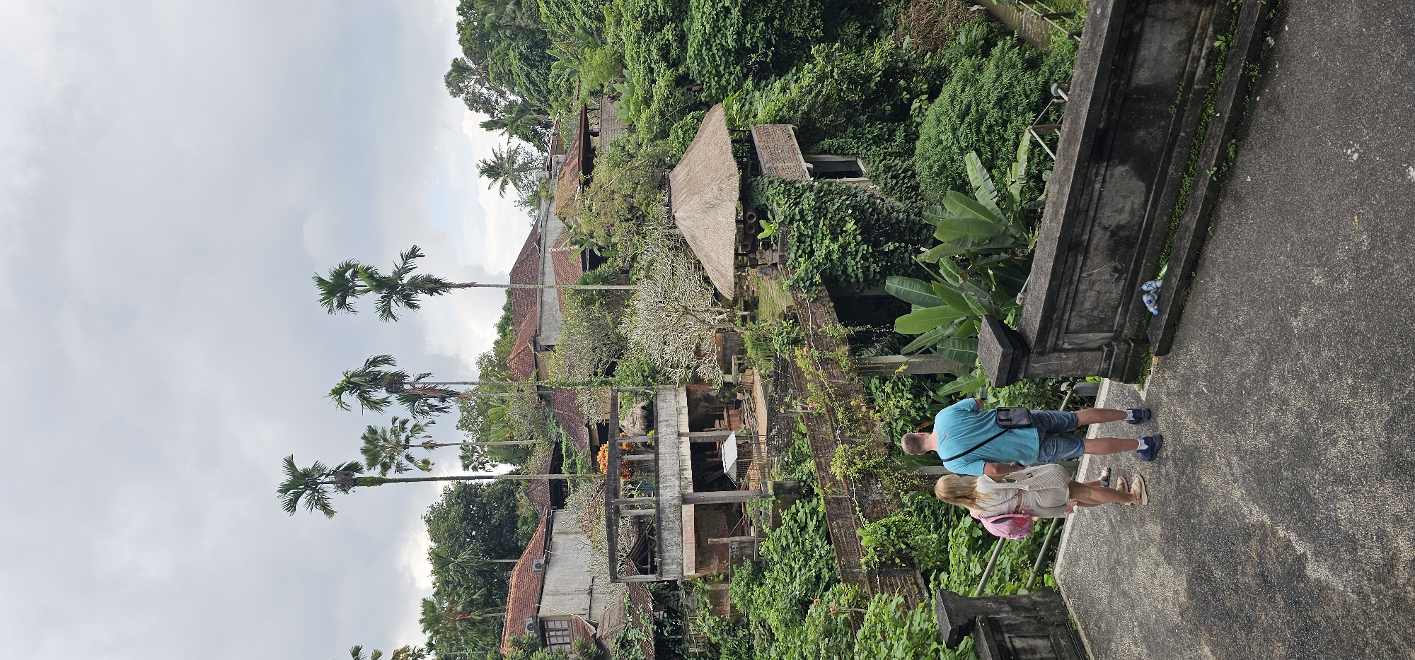 A tourist couple stands on a concrete bridge overlooking lush, dense vegetation in the Ubud District, Indonesia. The environment features structures with thatched roofs interspersed with trees and houses exhibiting terracotta-tiled roofs. Tall palm trees punctuate the landscape against a cloudy sky.