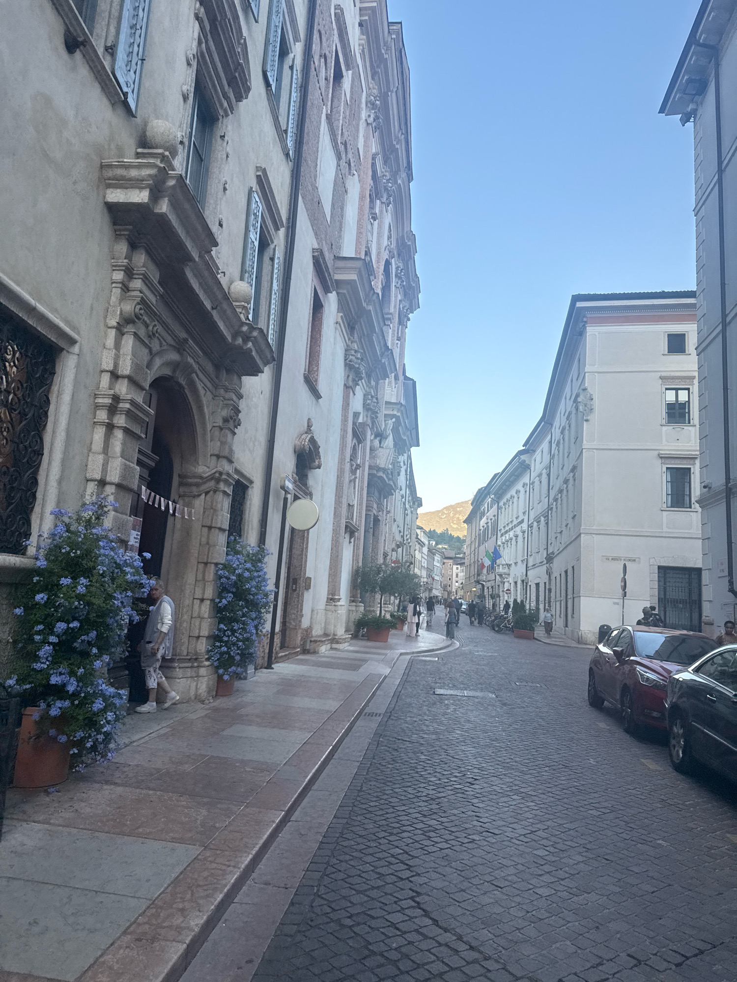 The image shows a street scene in Trento, Italy, with buildings lining both sides and a cobblestone road. On the left, a person wearing a grey vest over a white shirt and patterned pants stands near the entrance of a building. Two potted plants with blue flowers flank the entrance. The building on the left features ornate architectural details, including carvings around the entrance and shuttered windows. The street continues into the distance, with more buildings and a hint of a mountain at the end. Several cars are parked on the right side of the street, including a red SUV and a dark sedan. Other pedestrians are visible further down the street. The sky is clear and blue.