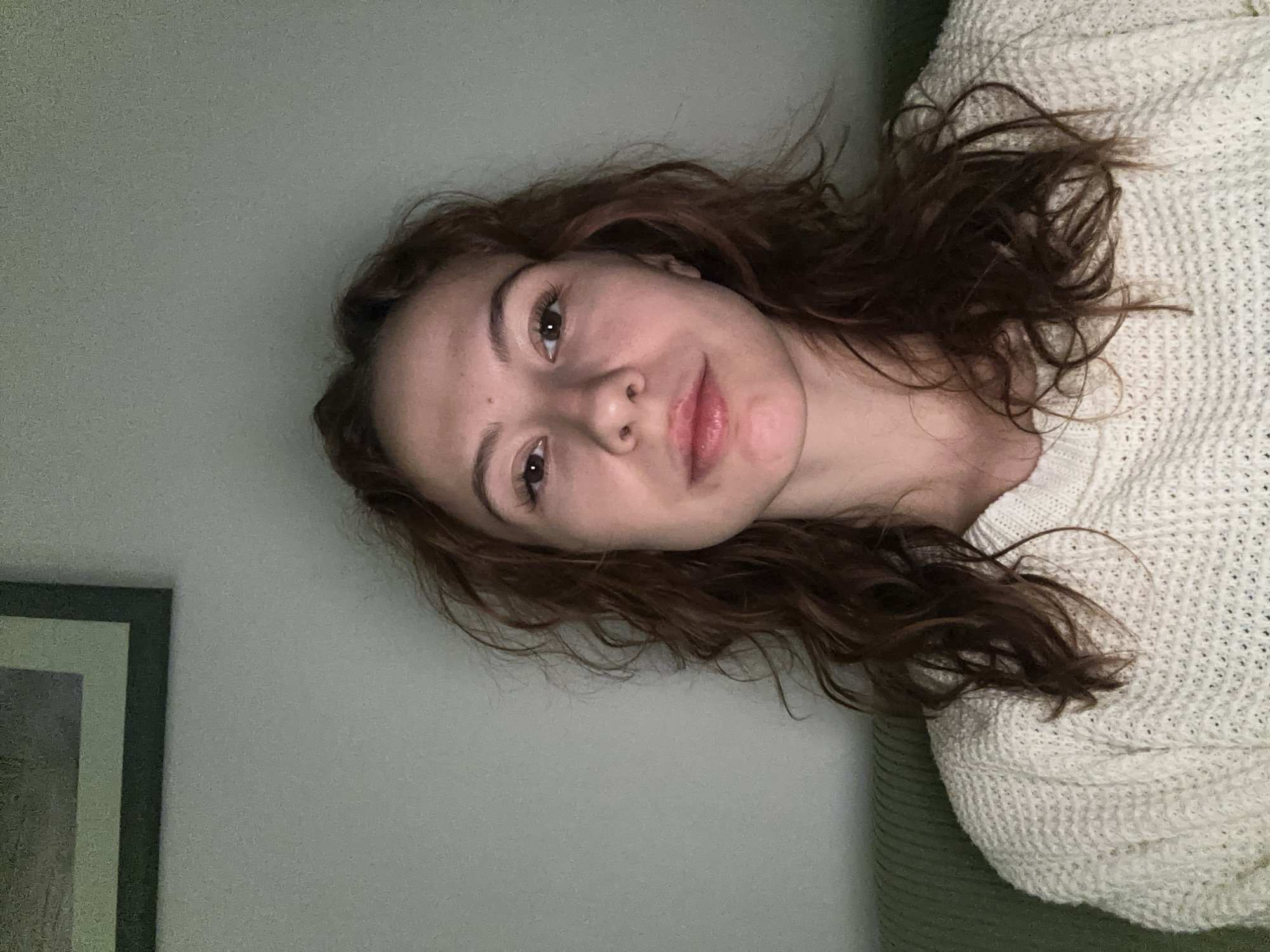 A young woman with long, wavy, dark brown hair is the subject of this close-up selfie, taken indoors in what appears to be Novi Sad, Serbia. The image is rotated 90 degrees counter-clockwise, showing her head tilted to the right. She is looking directly at the camera with a calm, pleasant expression, featuring a slight, closed-mouth smile.
She has light skin and appears to be wearing minimal or no makeup. Her eyes are dark, and her eyelashes are prominent. Her hair falls loosely around her shoulders. She is wearing a light-colored, possibly cream or off-white, chunky knit sweater, visible over her right shoulder and arm.
The background consists primarily of a plain, light greenish-gray wall. A framed picture or piece of art with a dark frame is partially visible on the wall in the lower-left corner. On the far right, behind her, there's a glimpse of a textured, possibly ribbed, green fabric, suggesting a couch or cushion. The lighting is soft, indicating an indoor setting, possibly under artificial light. There is no visible text in the image.