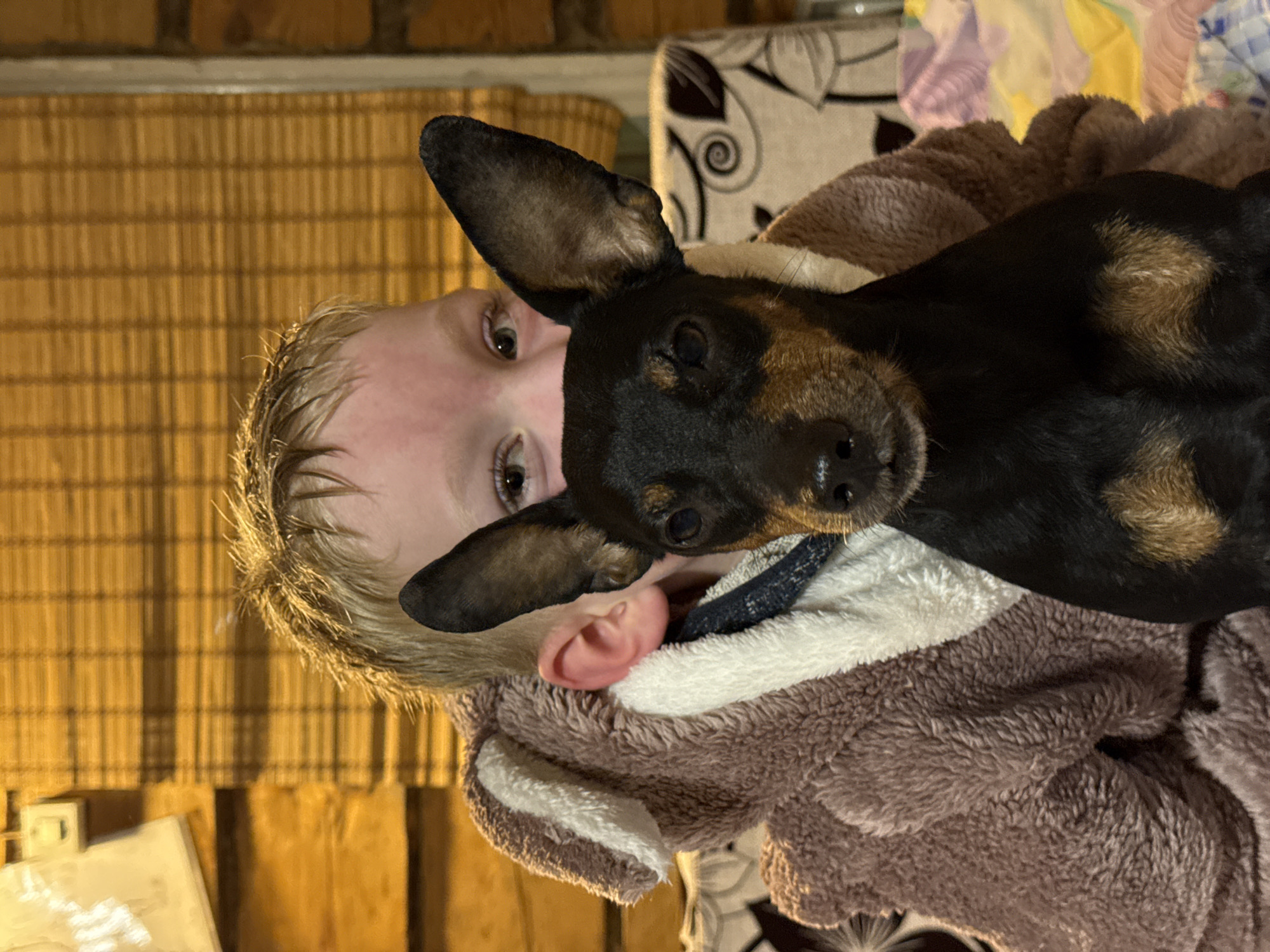 A portrait-oriented, close-up indoor photograph captures a warm interaction between a young child and a small dog, with the subjects appearing horizontally across the frame due to the photo's rotation. On the left, a child with fair skin and short, light blonde hair is partially visible, their left eye clearly looking towards the camera. They are wearing a fluffy, brown and white hooded garment, possibly a onesie or blanket, with animal ear details.
Cuddled beside the child, a small black and tan dog, likely a dachshund or similar breed with prominent, erect ears, looks directly at the camera from the center-right. Its black nose and dark, attentive eyes are prominent. The scene conveys a sense of comfort and companionship in an indoor setting in Rosstani, Russia.
The background features a warm-toned, horizontally slatted wooden or bamboo blind or wall covering on the left. A light-colored, patterned cushion or blanket is visible behind the dog's head in the upper right, with a pastel-colored, possibly striped fabric further in the upper background. A glimpse of paper or a book and a light fixture/switch can be seen in the lower left. The warm, artificial lighting suggests an evening or nighttime environment. No text is visible in the image.