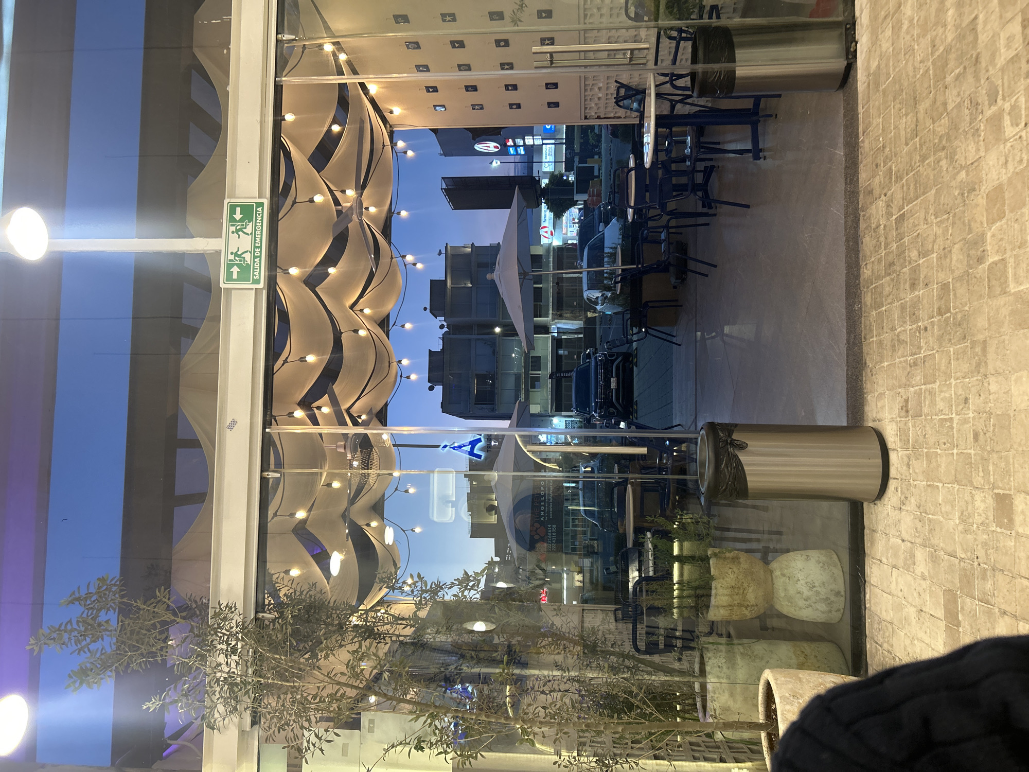 A daytime view through a glass facade reveals an outdoor patio area of a cafe or restaurant in San Bernardino Tlaxcalancingo, Mexico. Inside, potted plants are near the glass. The glass facade features an emergency exit sign. Outside, there are numerous blue tables and chairs arranged under a retractable awning with light bulbs. Buildings are visible in the background, and a white sun umbrella covers one of the tables. A trash receptacle is near the glass. A person wearing black is in the foreground on the lower right. The overall environment suggests a calm and inviting outdoor dining space.