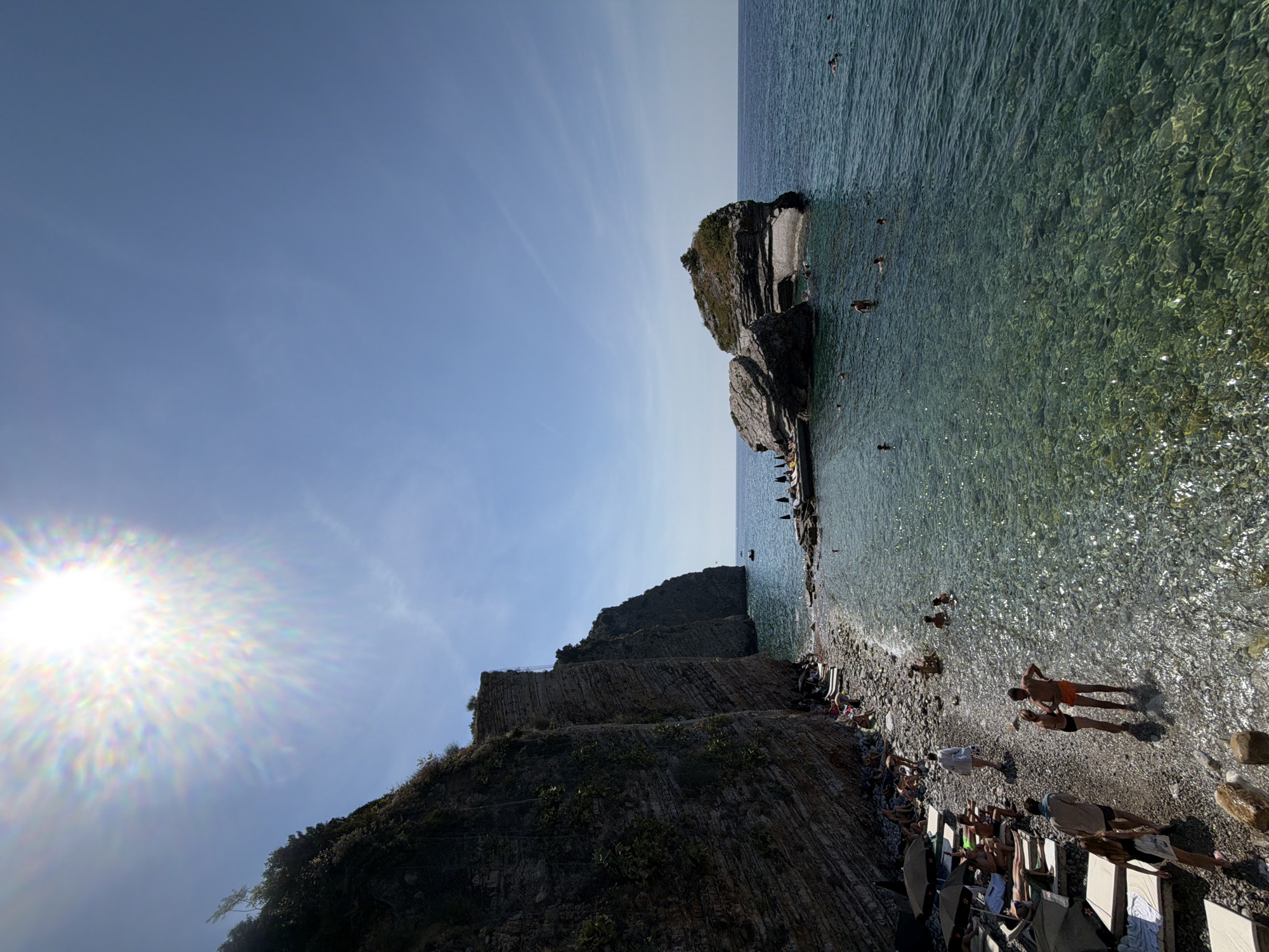 The image depicts a sunny day at a rocky beach adjacent to tall, layered cliffs in Budva, Montenegro. The sea is clear and turquoise, with several people swimming and wading in the water. On the shore, lounge chairs and umbrellas are set up, with a few individuals relaxing. Further out in the water, a small rocky island with some vegetation sits. The sun is high in the sky, creating a bright glare.