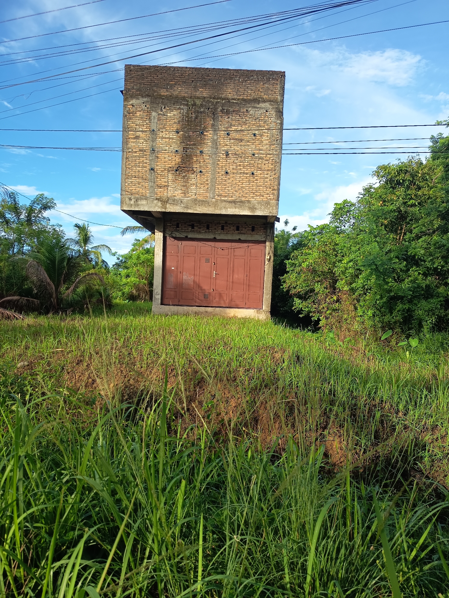 A weathered, brick structure stands elevated on concrete stilts, its top section resembling a cube made of aged, orange bricks. The upper portion has several circular indentations arranged in rows. Below this, the structure transitions to a concrete base supporting a large, double-door made of red metal. The doors have visible handles and a horizontal seam down the middle, suggesting they are of the sliding or folding type. The structure is surrounded by lush, green vegetation. Tall grasses and some plants grow in the foreground, obscuring the ground. In the background, a dense arrangement of trees and foliage fills the space, with palm trees visible to the left. The sky above is a bright blue, scattered with wispy white clouds and crisscrossed by numerous power lines. The scene appears to be in an outdoor, semi-rural or undeveloped area.