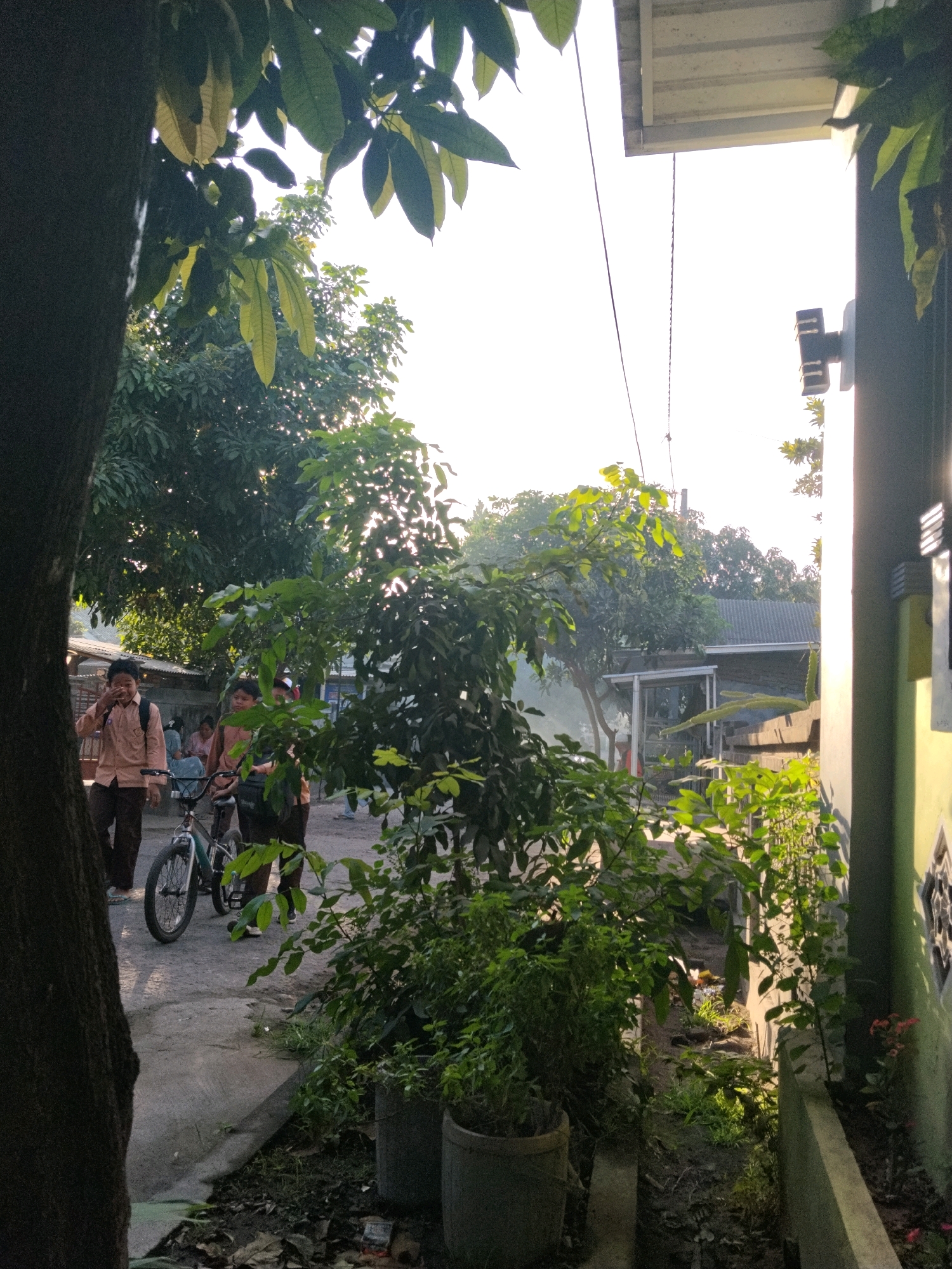 The image depicts a street scene in Korleko Selatan, Indonesia, bathed in the bright light of what appears to be late afternoon or early morning. In the foreground, a large tree trunk on the left partially obscures the view. Further into the scene, a group of young people, likely students given their uniform-like attire, are walking along a paved path. One individual in the front left, wearing a light brown shirt and dark pants, is walking with a backpack and appears to be touching their face. Beside them, a bicycle with a teal and white frame is parked, leaning against its kickstand. Two other figures are walking behind the first, one in a similar light brown shirt and dark pants, and another partially visible. The background reveals more trees and vegetation, suggesting a suburban or semi-rural setting. A building with a corrugated metal roof is visible behind the trees. To the right, a light green building with a dark grey rectangular fixture on its exterior wall is prominent, with a narrow pathway or gap between it and the vegetation. The overall atmosphere is casual and everyday, characteristic of a residential area.