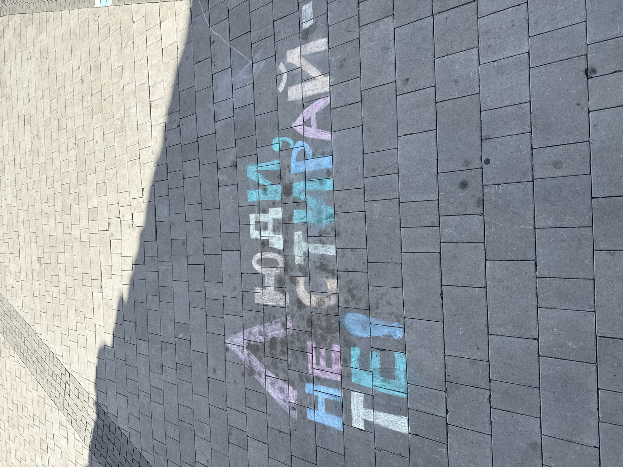The image shows a paved area with a shadow cast across part of it. On the grey brick pavement is chalk writing, oriented vertically in the frame, spelling "DETSKY MIR". The text is written in a mix of colors, including white, blue and pink. The bricks of the pavement are rectangular and aligned, while the bricks on the side of the image are paler and square. There are no visible people or signs of activity.