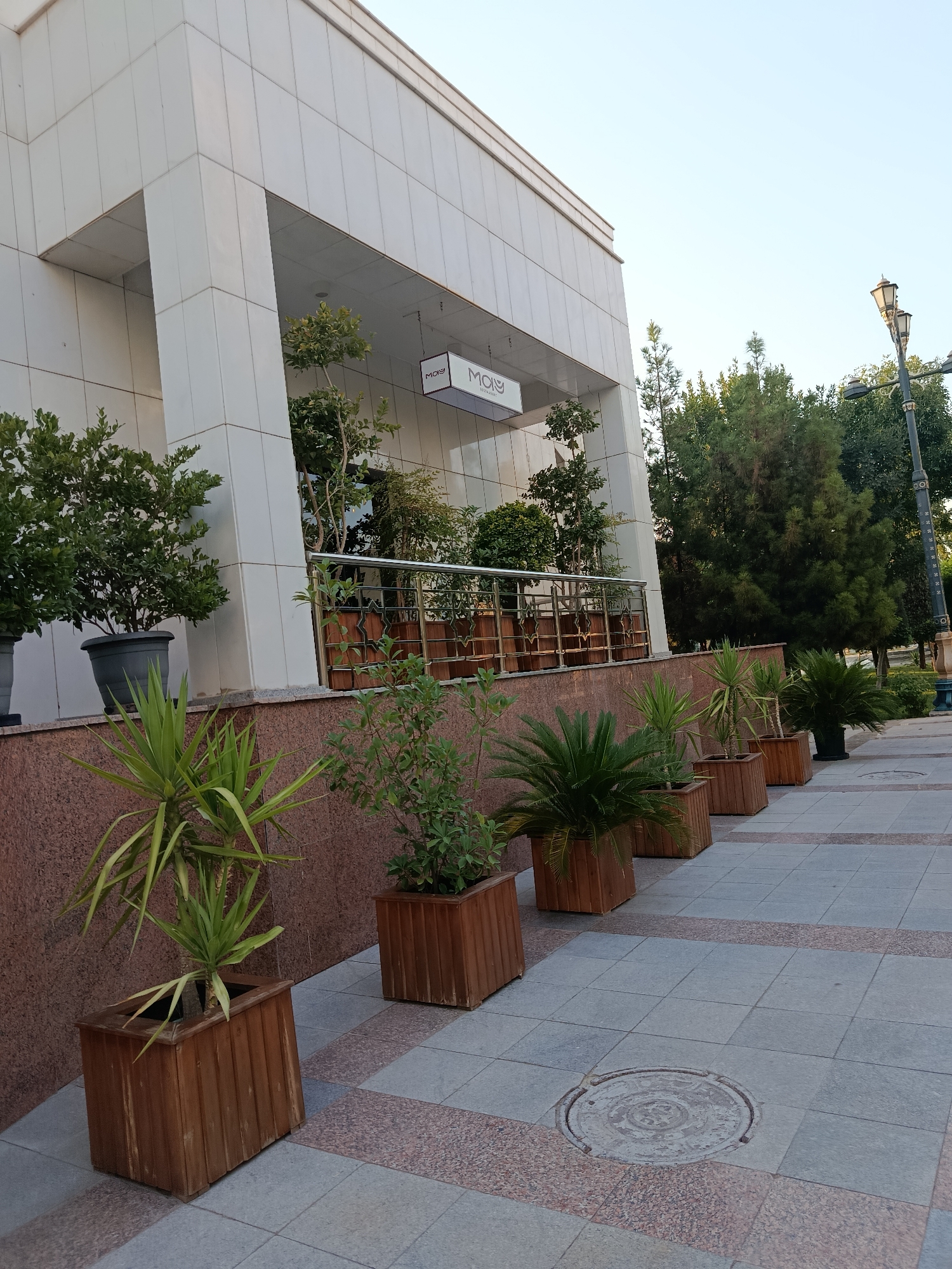 The image shows an exterior view of a modern building with white tiled facade and a covered entrance. Several potted plants, including trees and smaller foliage, are arranged along the walkway and on a balcony. A sign with the text "MOYO" is visible on the building. The ground is paved with square tiles of grey and pink granite. A street lamp is visible on the right side of the image. The sky is clear and blue. No people are present in the scene. The image was taken during the daytime.