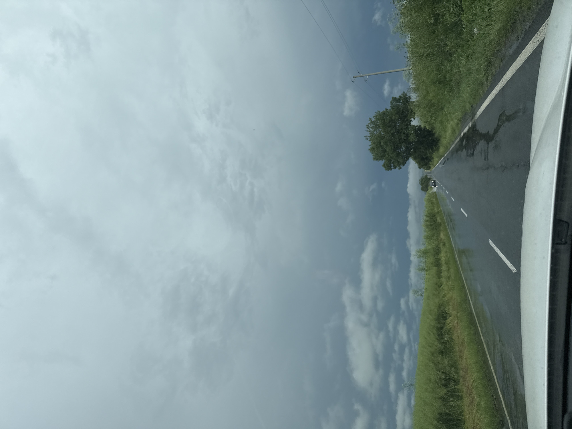 The image captures a rural road scene from the perspective of a moving vehicle, likely in Bratovo, Bulgaria. The asphalt road is visibly wet, indicating recent rainfall, with reflections on its surface. A solid white line marks the right edge of the road, and a broken white line is present further to the left, defining traffic lanes. Part of the vehicle's silver-colored interior or frame is visible on the far right.
Both sides of the road are bordered by lush green grass and tall vegetation, extending into the distance. A prominent tree with dense green foliage stands to the left of the road in the mid-ground, and smaller trees or bushes are visible further along. In the distance on the road, the faint outline of another vehicle can be discerned.
The sky above is predominantly cloudy, featuring large expanses of light grey clouds mixed with patches of blue sky, particularly towards the left horizon. A utility pole with overhead power lines is visible on the left side, stretching into the sky. The scene is well-lit by natural daylight, suggesting it is late morning or afternoon. There is no visible text.