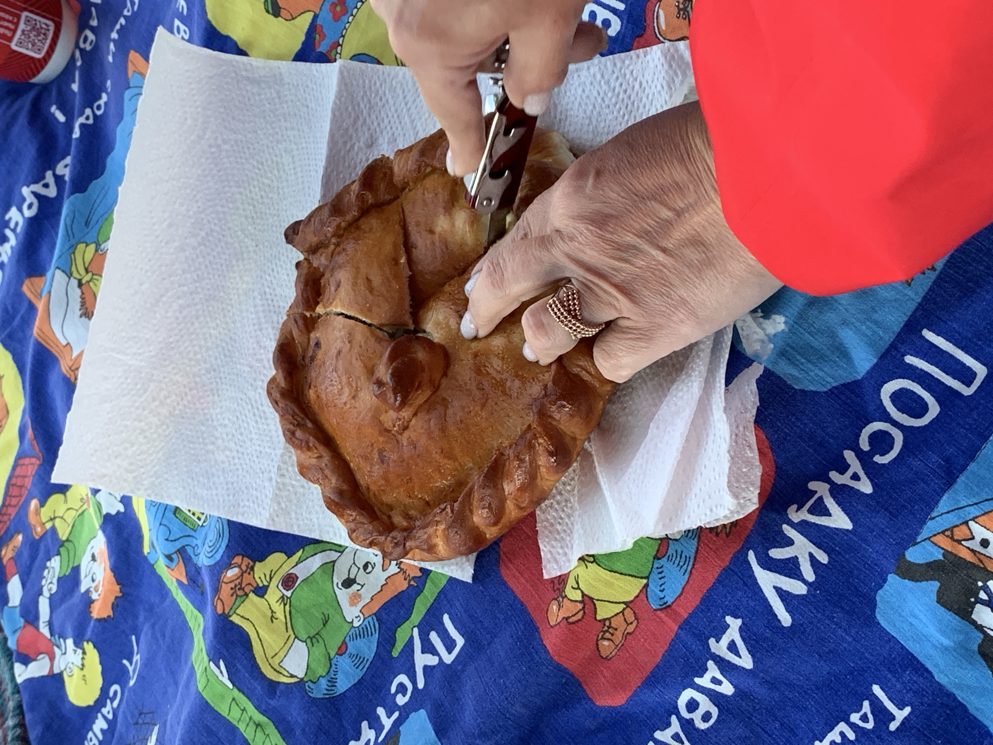A top-down view captures a person's hands in the process of cutting into a large, golden-brown baked pastry, resembling a pie or a large calzone. The pastry is placed on two white paper napkins, which rest on a vibrant blue tablecloth or blanket. This cloth is patterned with various cartoon characters, possibly gnomes or similar figures, and features white Cyrillic text.
One hand, adorned with light-colored nail polish, holds a small multi-tool or pocket knife, using it to slice into the pastry. The other hand, featuring a distinctive multi-banded ring on the ring finger and also with light-colored nail polish, steadies the pastry. Part of a bright red sleeve is visible in the upper right corner, suggesting the person is wearing a red jacket or shirt. In the upper left, a portion of a red and white container with a QR code is visible.
The Cyrillic text on the blue cloth includes "САПЕКА" (SAPEKA) near the top left and "ТАЙНЫ ЛОСКАКЛ АВБА" (TAINY LOSKAKL AVBA) across the middle. The scene depicts a casual meal or snack time, likely during the daytime, possibly in an outdoor or relaxed indoor setting in Noviy, Russia. The act of cutting the pastry suggests it is being prepared for consumption or sharing.