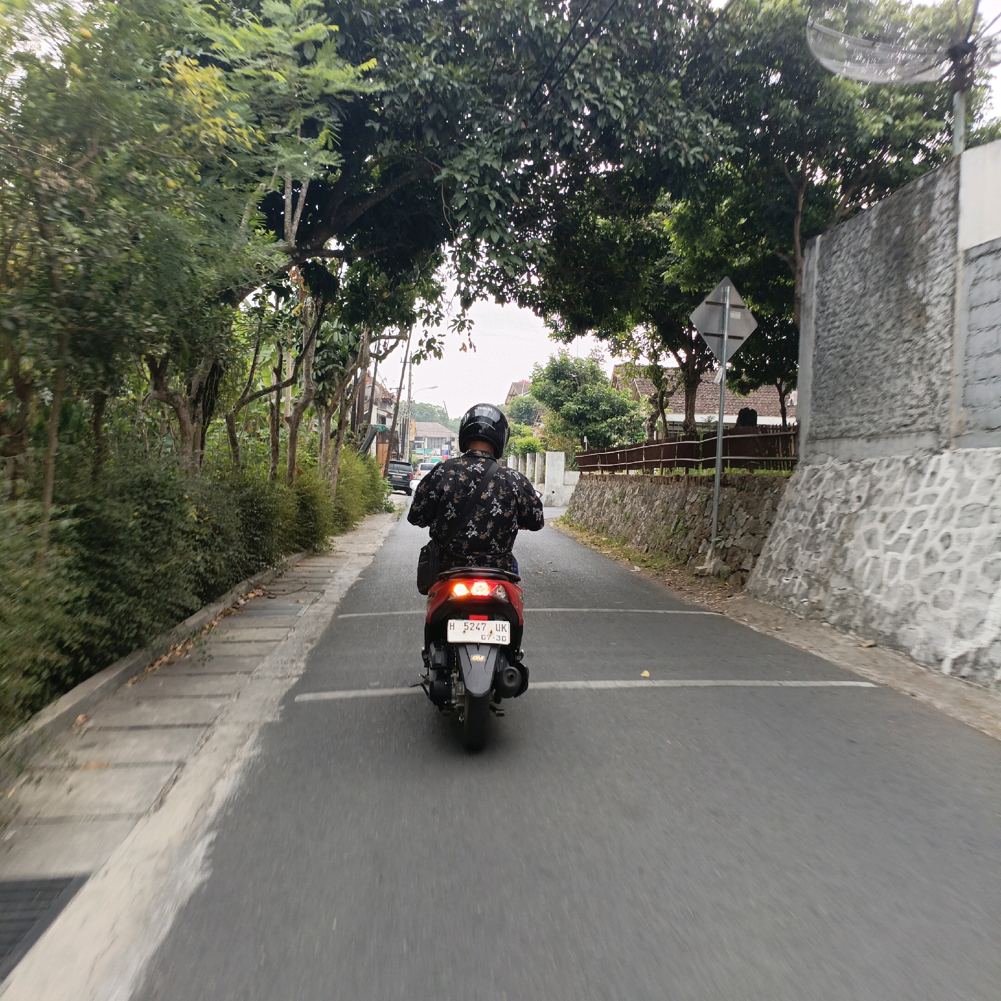 A person wearing a black helmet and a black shirt with a white floral pattern rides a red scooter on a paved road in Salatiga, Indonesia. The scooter has a license plate that reads "H 5247 UK". The rider is positioned in the center of the road, facing away from the camera. The road is lined with trees on both sides, creating a canopy overhead. To the right of the road is a stone wall. The sky is overcast. A traffic sign is visible on the right side of the road. The image appears to be taken from another moving vehicle.
