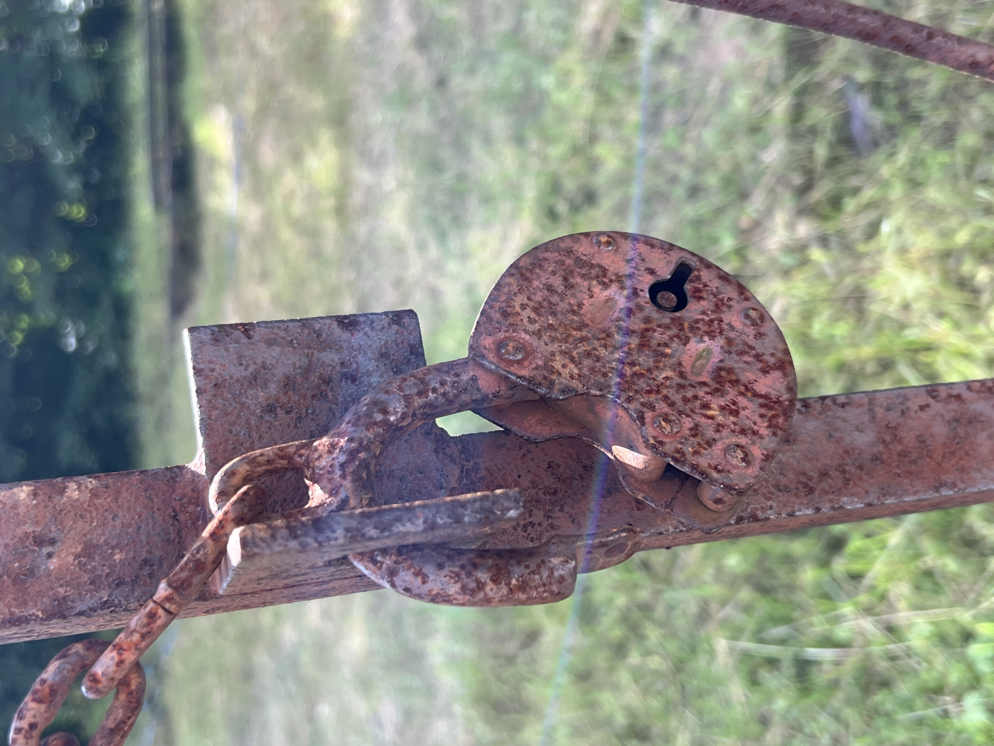 The image shows a close-up of a rusted padlock and chain attached to a metal post. The padlock is old and weathered, with visible rust and signs of wear. A chain links the padlock to the post. The background is blurred, showing greenery that appears to be grass and trees, suggesting an outdoor environment. A subtle rainbow-like lens flare is visible across the lower portion of the image. No people are present. The scene is set in Strakhovo (Sitnikovskii S/S), Russia, indicating a rural or semi-rural location.