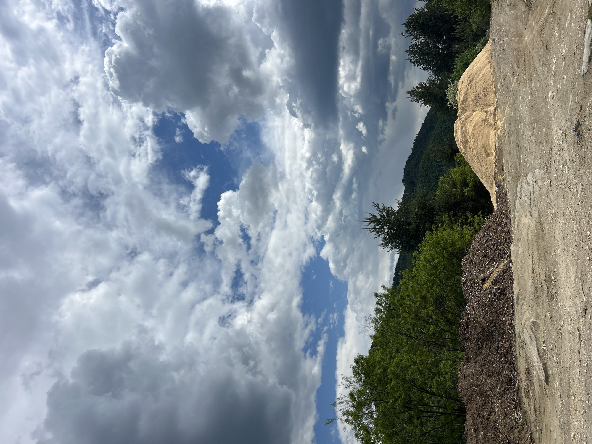 The image shows a view of the sky, trees, and land, likely taken in a rural or semi-rural area near Dolen, Bulgaria. The sky features a mix of light and dark clouds with patches of blue. Trees are visible along the horizon, with some closer vegetation, possibly a wooded area, in the foreground. A light-colored rock formation is on the right, next to a pile of dark mulch or soil and a dirt path. There are no people visible.
