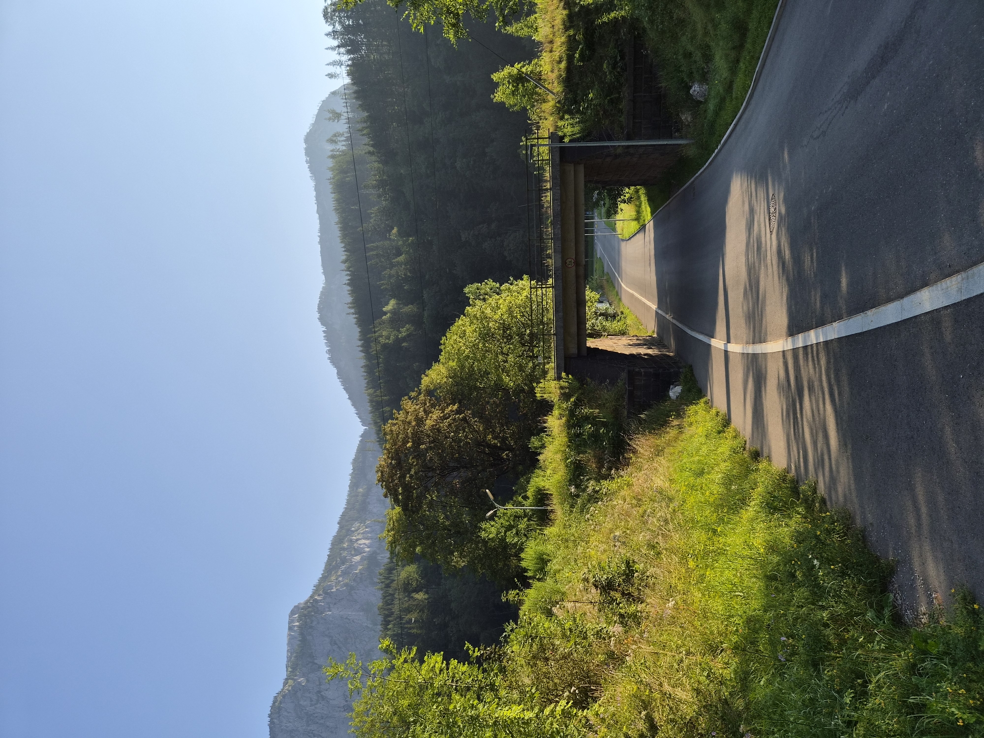 The image depicts a scenic road winding through a mountainous landscape in Eisenerz, Austria. The road itself is paved with asphalt and features a white dividing line. It passes under a stone bridge that appears to be a railway overpass, indicated by a "30" speed limit sign on the side. Lush green vegetation, including tall grasses and trees, lines the sides of the road and the embankments of the bridge. In the background, rolling hills covered in dense forest rise towards majestic, rocky mountains under a clear blue sky. The sunlight casts shadows on the road, suggesting it is either early morning or late afternoon. There are no people or vehicles visible in the image. The environment appears natural and serene, with a lamp post visible near the side of the road and some electrical wires strung between poles in the distance.