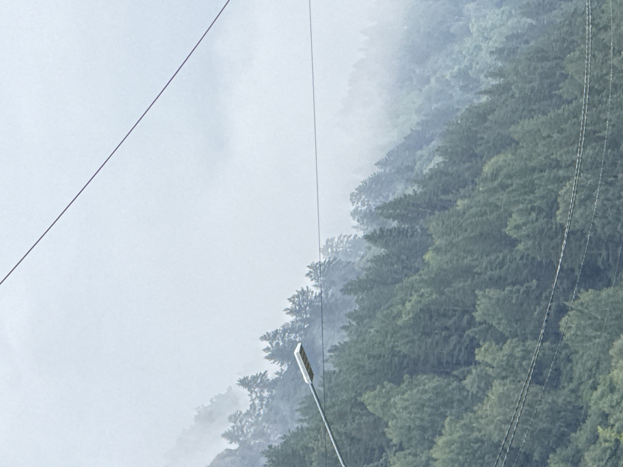 The image captures a misty mountain slope covered in dense green conifer trees. A modern street lamp with a rectangular fixture extends from the left side of the frame, pointing towards the trees. Overhead, thin dark wires stretch across the sky. The overall atmosphere is somber and overcast, suggesting a cool or damp climate. The location is the city of Manzherok, Russia.