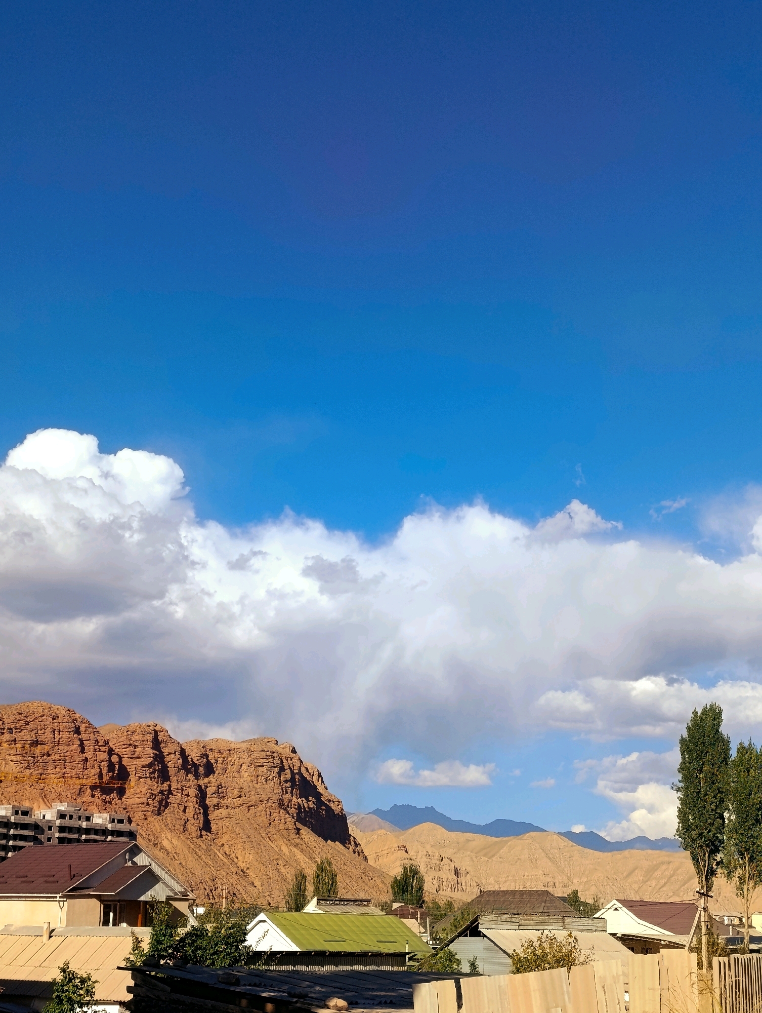 The image captures a view of Naryn City, Kyrgyzstan, under a bright blue sky with scattered white clouds. In the foreground, several buildings are visible, featuring a variety of roof styles, including brown, green, and gray metal roofs. Some of these buildings appear to be houses, while others seem to be under construction, with exposed concrete structures. Trees, including tall, slender green trees and smaller bushes, are interspersed among the buildings.
Dominating the mid-ground is a large, rugged mountain range with distinct red and brown rock formations. The texture of the mountains suggests erosion and geological activity. In the distance, a further range of lighter-colored, undulating hills stretches across the horizon. The overall scene depicts a semi-urban environment situated at the foothills of a mountainous region. There are no people or animals visible in the image. The lighting suggests it is daytime, likely late morning or early afternoon, with shadows cast by the buildings and trees.