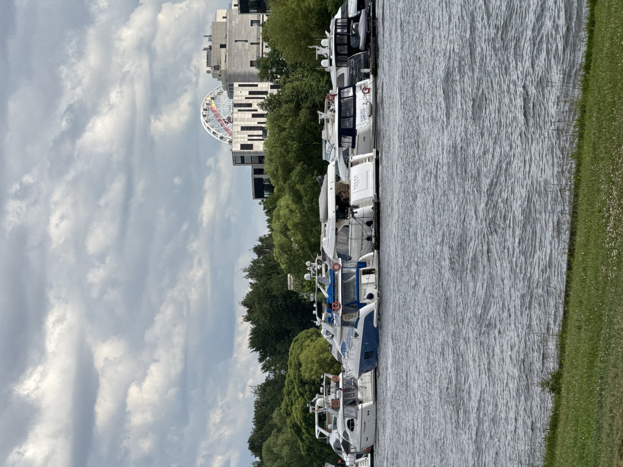 The image depicts a cloudy day in Saint Petersburg, Russia, overlooking the Neva River. Several yachts and boats are moored along the embankment. In the background, modern buildings and a Ferris wheel are visible. The scene is tranquil, with no people or specific actions captured. The environment is characterized by the river, green trees, and a partly cloudy sky.