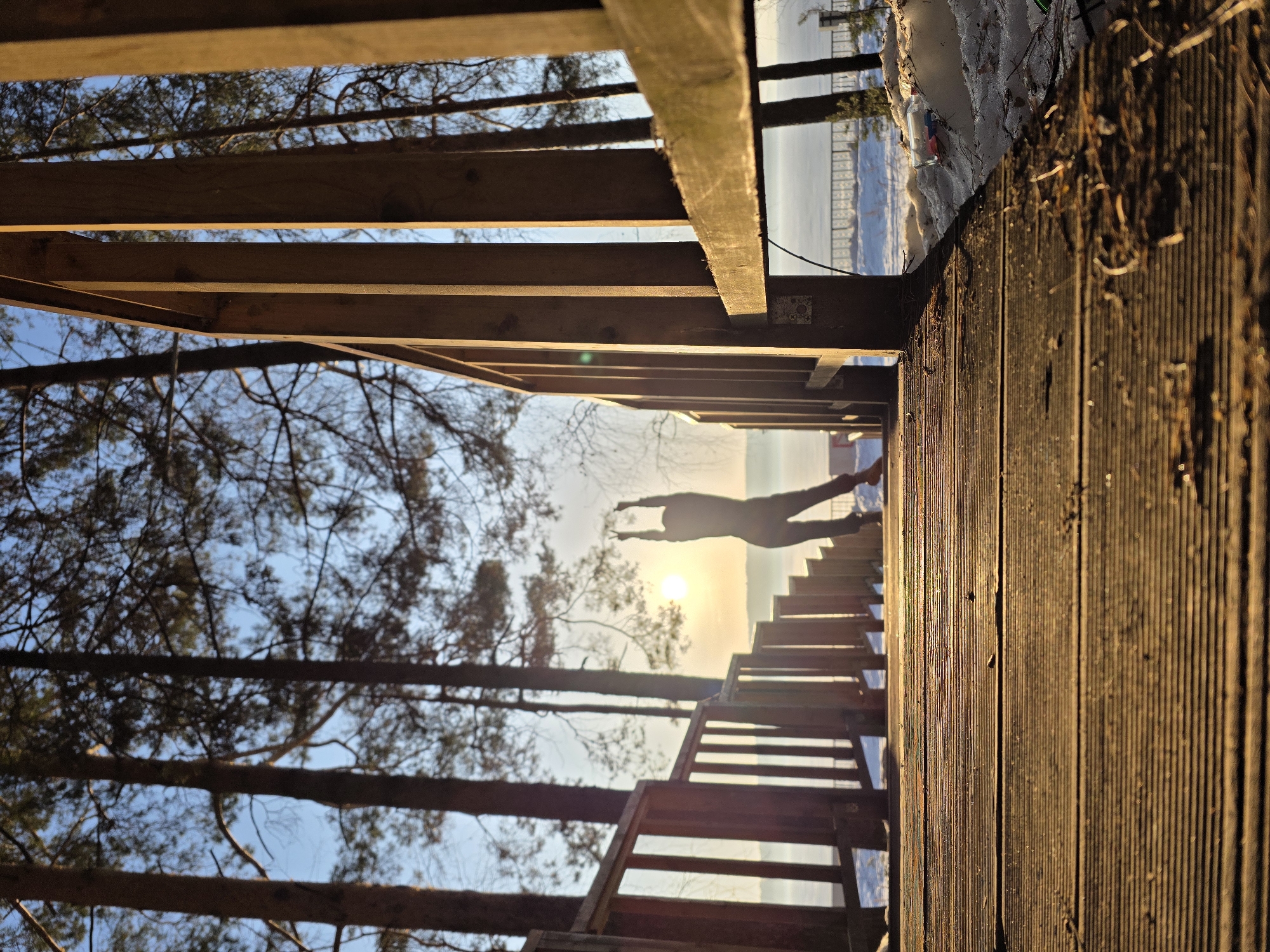 A horizontally oriented eye-level shot taken from a wooden structure, possibly a porch or platform, looks out at a scene featuring a person on a wooden staircase with a bright sun in the background. The view is partially framed by wooden beams and planks of the structure itself.
The person, silhouetted against the sunlight, is standing on the staircase with arms outstretched, possibly jumping or posing. The staircase leads toward a bright, hazy horizon where the sun is positioned. Trees with bare branches are visible on the left side of the frame, contributing to the natural scenery.
To the right of the frame, part of the wooden deck is visible, with some debris and possibly snow or ice along the edge. In the background, beyond the person and staircase, a body of water is suggested by the horizontal line, possibly a lake or river.
Based on the location provided, this scene likely depicts a landscape in the city of Chaikovsky, Russia, with the wooden structure overlooking a scenic view. The time of day appears to be either sunrise or sunset due to the position and intensity of the sun.