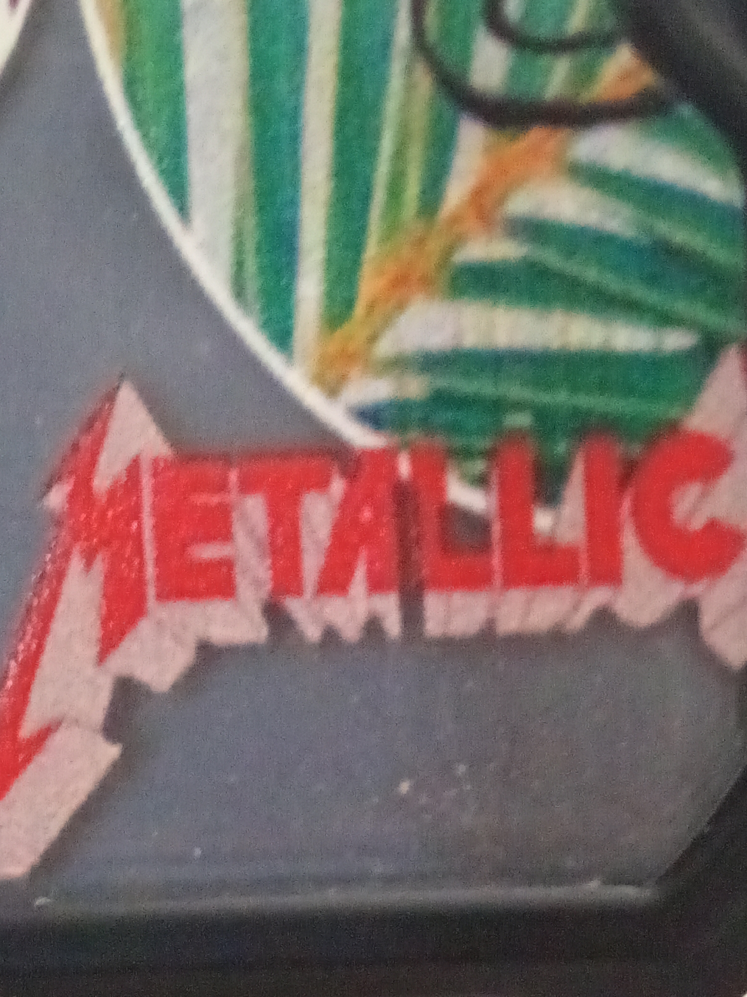 The image shows the word "METALLICA" in red, stylized in a jagged, industrial font, placed against a gray background. In the upper portion of the frame, there is an out-of-focus image featuring green and white vertical stripes, and a black curved object. The lower part of the image has a black frame. The location in Davao City, Philippines, is not ascertainable from the image.
