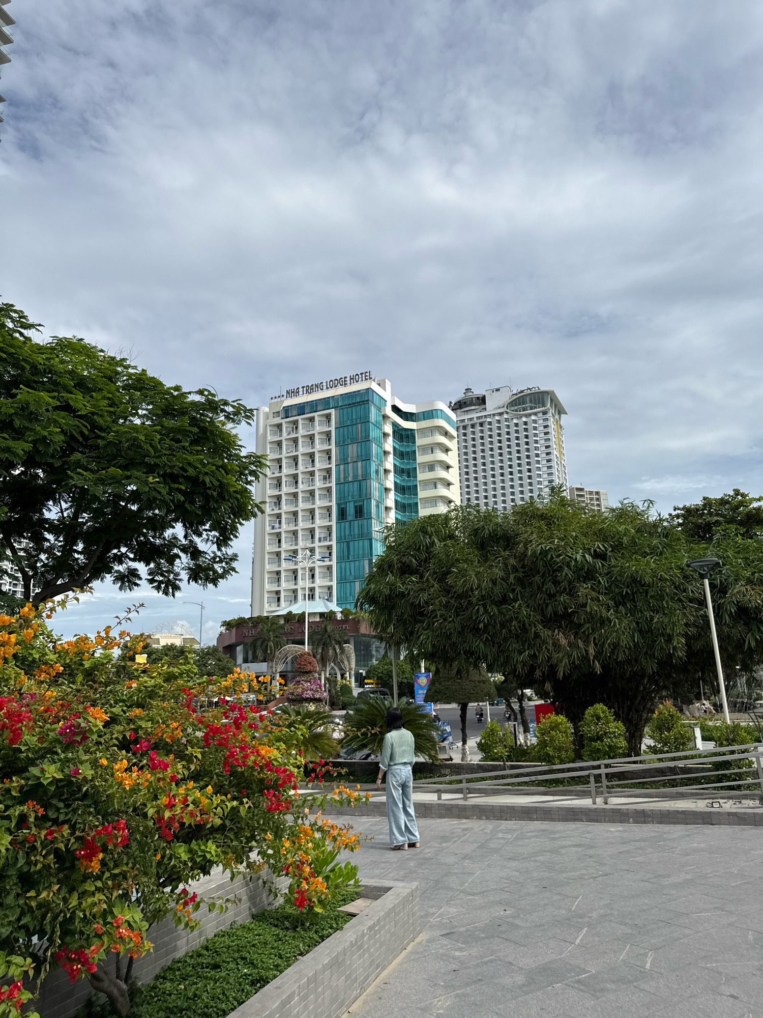 In Nha Trang, Vietnam, an overcast sky looms over a cityscape featuring several high-rise buildings. In the foreground, a person stands facing away from the camera, wearing a light green striped shirt and light blue pants, walking on a paved area. To the left, a dense bush with bright red and orange flowers is in full bloom. Behind the bush, a large tree with lush green foliage extends into the frame. The buildings dominate the background; one prominent structure is the "NHA TRANG LODGE HOTEL," a white building with blue accents and numerous balconies. Adjacent to it is another tall white building with a distinctive curved top. Further to the right, more trees and another building are visible. The scene appears to be a public space or a boulevard with pedestrian walkways and landscaping.