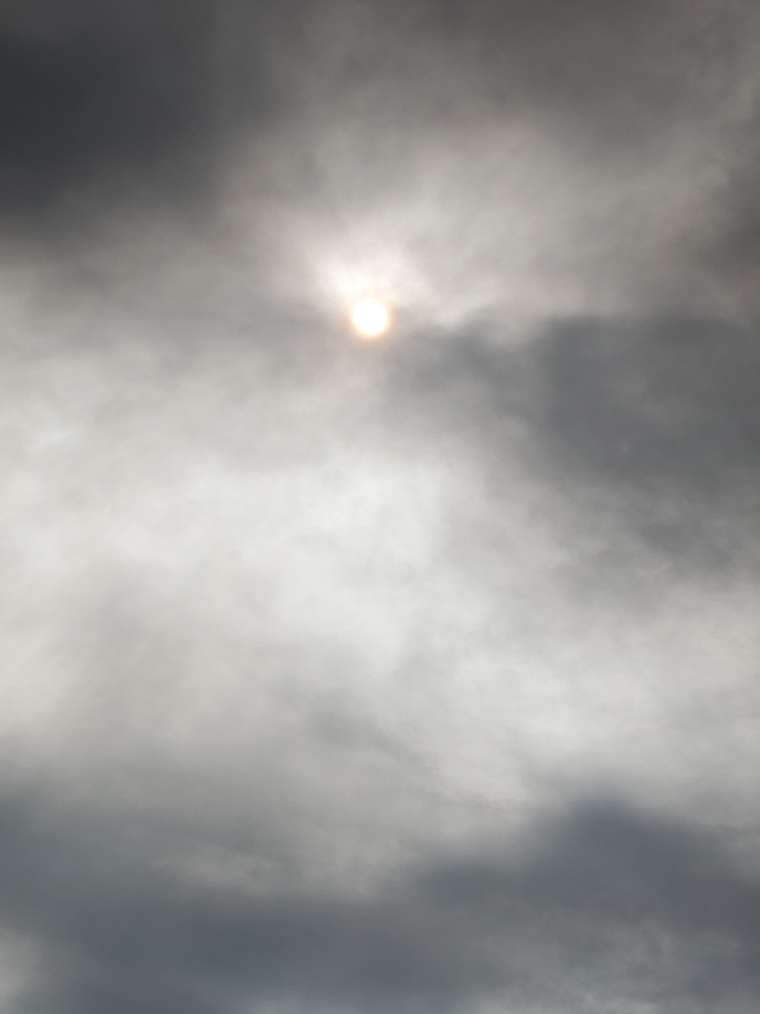 The image depicts a cloudy sky with the sun partially visible through the overcast. The sun appears as a bright, circular orb, with rays or light diffusion extending outwards. The clouds are a mix of light and dark gray, suggesting either a partly cloudy or overcast day, possibly with some atmospheric haze. The overall impression is a muted, diffused light source against a textured, cloudy backdrop. The image does not contain any elements that would allow for the identification of a specific location in the city of Pokrov, Russia, nor does it show any people, subjects, objects, or actions.