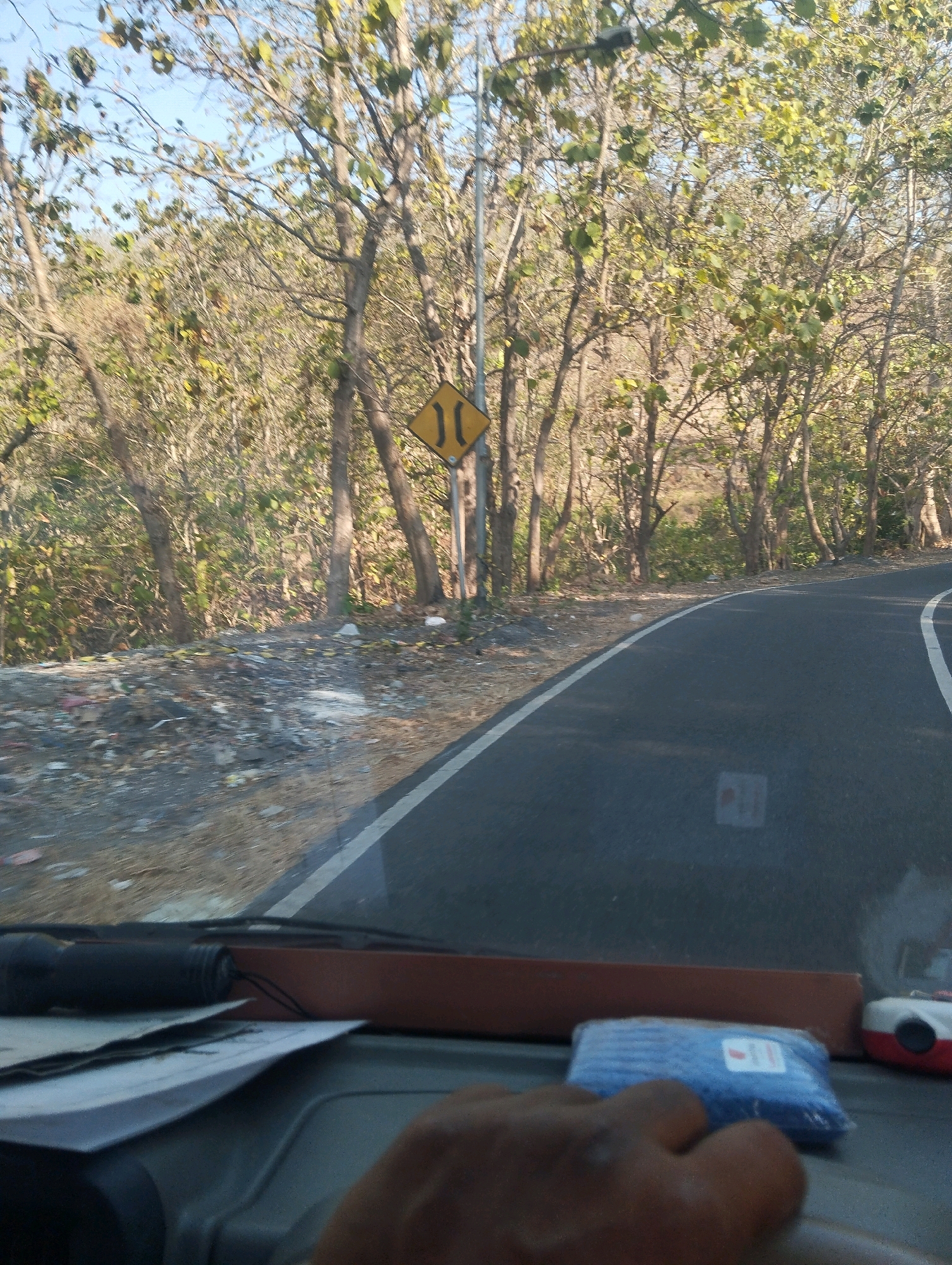 The image shows a winding road in a rural area, likely near Pajeng, Indonesia, lined with trees on either side. The road is asphalt with white lane markings. A yellow diamond-shaped traffic sign with two arrows pointing inwards is visible on the left side of the road, indicating a potential hazard or road narrowing. The vegetation is dense and appears to be tropical, with dry leaves scattered on the ground, suggesting a dry season. The scene is captured from inside a vehicle, with a dashboard visible in the foreground. A hand is resting on the dashboard, and some objects, including a blue packaged item and what appears to be a small toy car, are also present. The lighting suggests it is daytime, possibly late afternoon, given the long shadows.