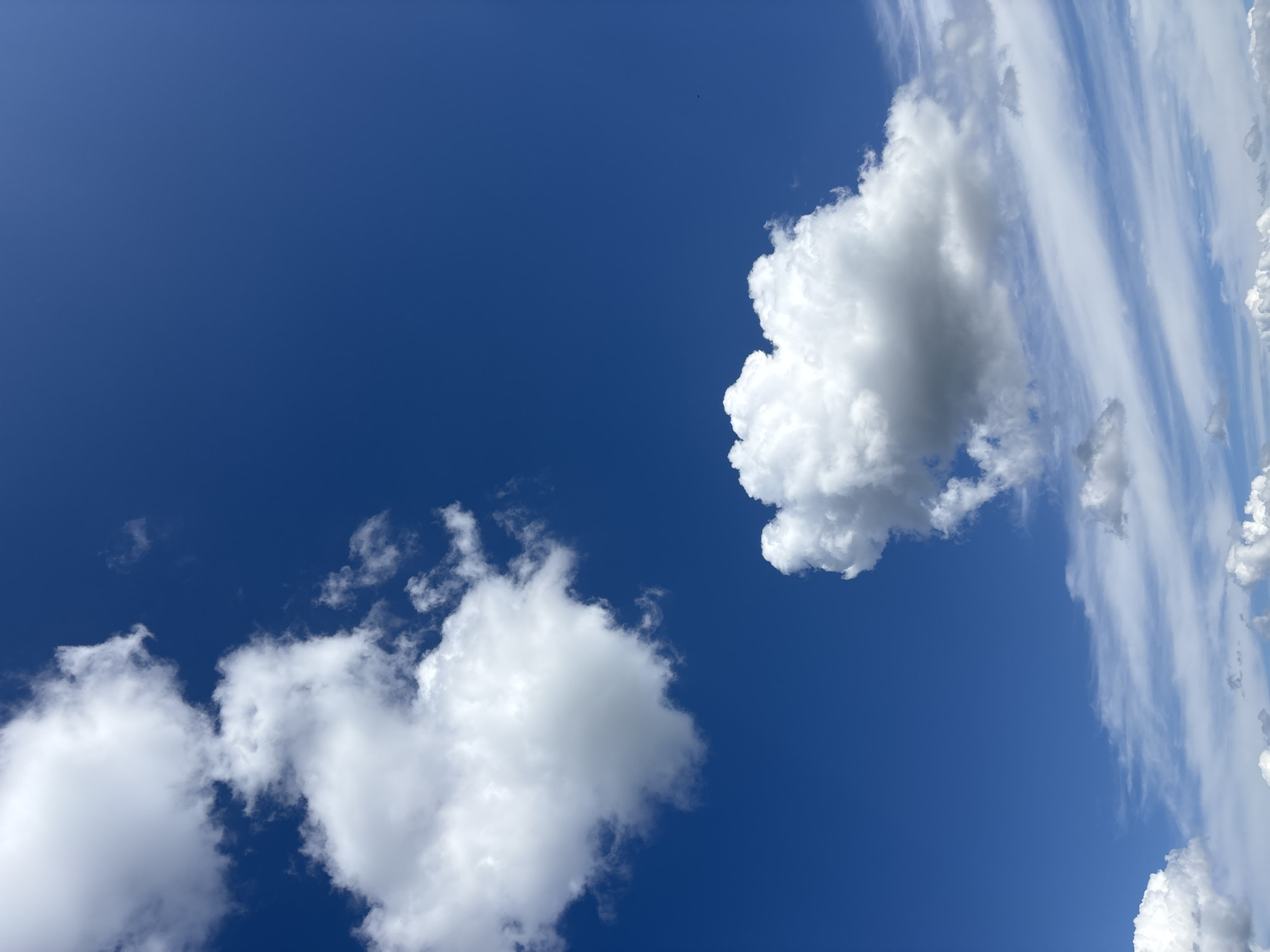 The image shows a bright blue sky filled with various types of clouds. There are large, fluffy cumulus clouds scattered across the sky, some appearing white and others with darker, shadowed undersides suggesting depth and height. Thin, wispy cirrus clouds are also visible, particularly towards the bottom of the frame, creating a layered effect. The lighting indicates it is daytime with the sun high in the sky, illuminating the clouds from above. There are no people, buildings, or other identifiable man-made structures visible in the image, nor any specific landmarks that would allow for pinpointing a location within Zvenigorod, Russia, or any other city. The scene is purely a natural, atmospheric view of the sky.