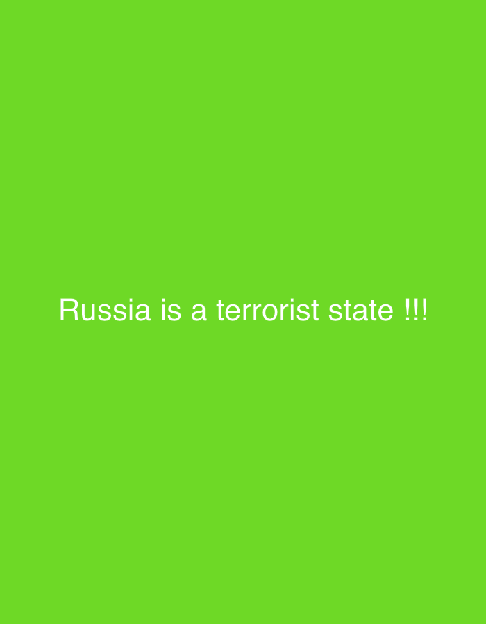 The image is a screenshot of a plain, bright green background with white text. The text reads "Russia is a terrorist state !!!" and is centered horizontally on the screen. There are no other objects or people visible in the image. The image does not contain any information about the city of Genemuiden, Netherlands.