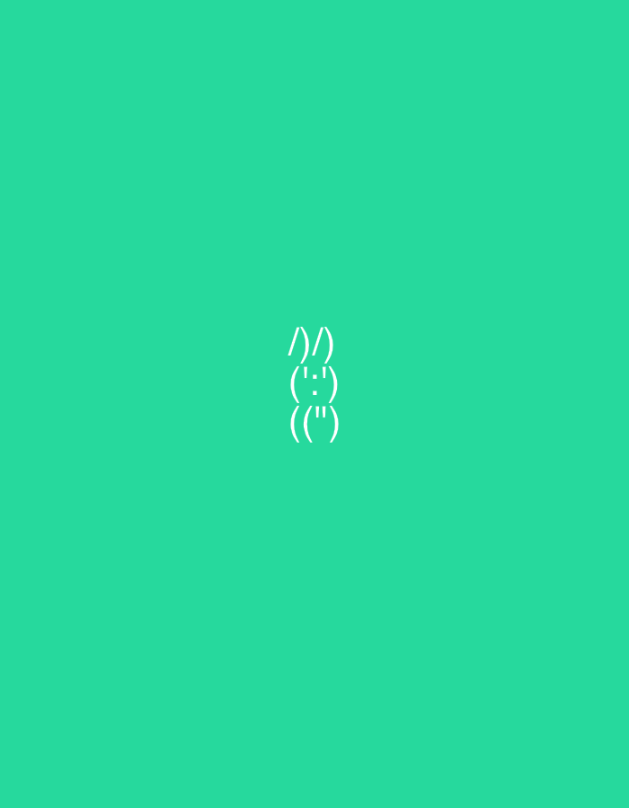 The image is a solid, medium teal background with a white ASCII art figure of a bunny in the center. The bunny is composed of several lines of text characters. From top to bottom, the bunny has two ears formed by `/\` , a face formed by `(:")`, and a body formed by `('')`. There are no people, objects, or environmental elements present in the image. The image does not depict any location in Yerevan, Armenia, or any city.
