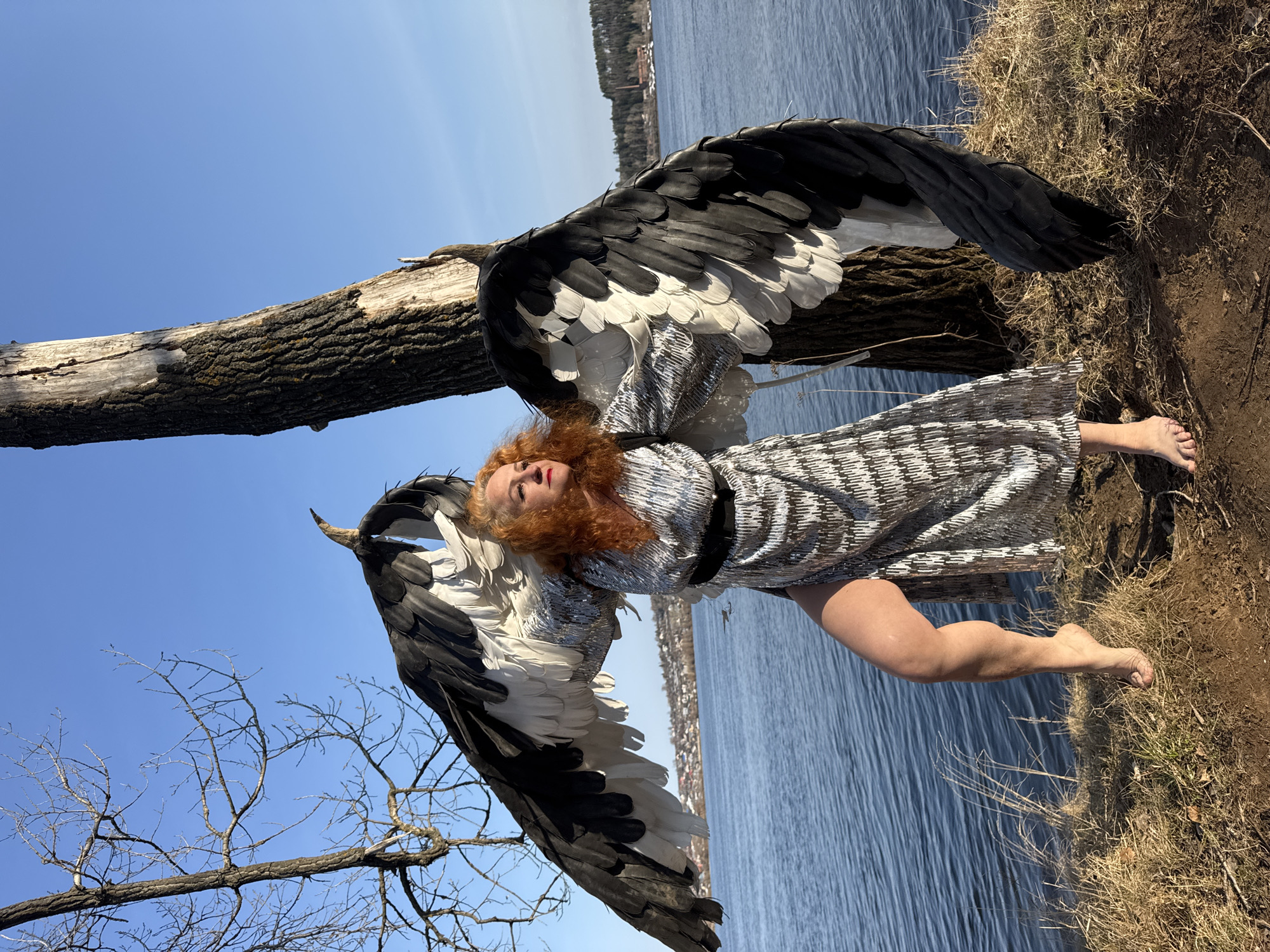 A woman with red hair, wearing a silver dress and large black and white feathered wings, lies horizontally on a tree trunk near a body of water. She faces upward toward a blue sky. In the background, across the water, are buildings and land. The scene is set in Noviy, Russia. The trunk on which she lies is positioned on the edge of the water, with the ground below covered in dry grass. The woman is barefoot. A black belt cinches her waist.