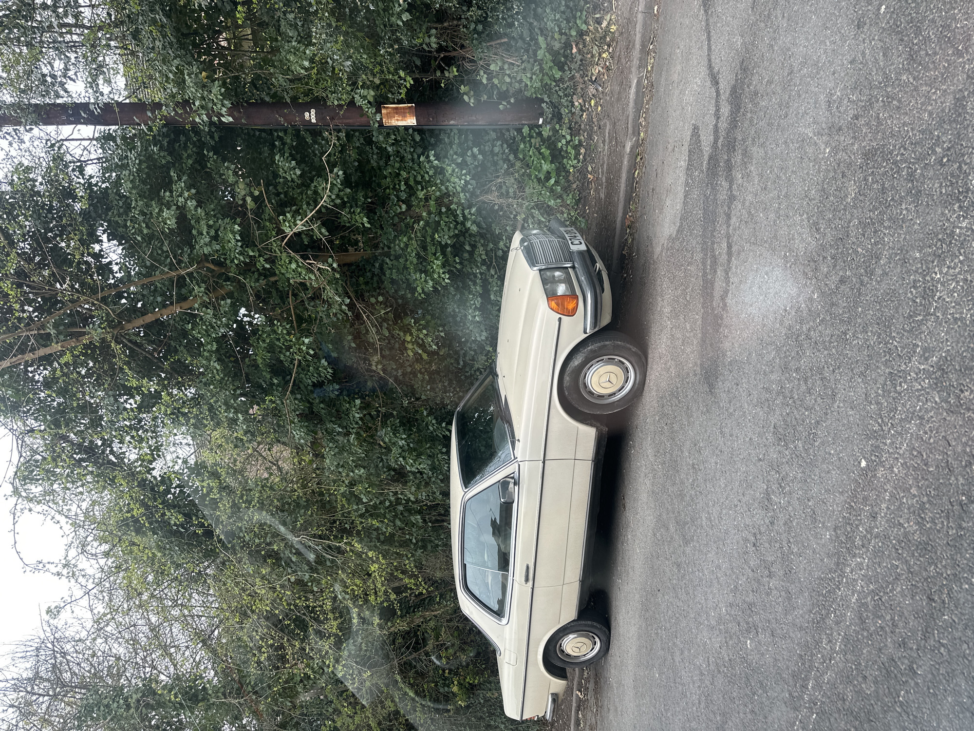 The image depicts a beige vintage Mercedes-Benz coupe parked on the side of a paved road in Tunbridge Wells, United Kingdom. A wooden utility pole stands adjacent to the road, with green foliage and trees forming a backdrop. The pavement shows signs of wear and tear. There are no people visible. The car is stationary.