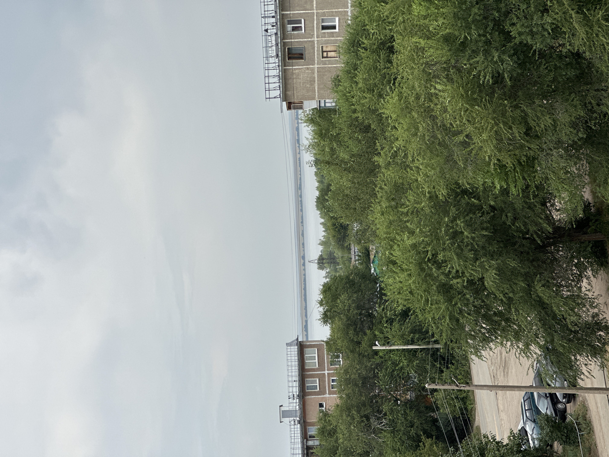 This is a medium-distance shot of a residential area in Energetik, Russia, on an overcast day. In the background, a wide body of water, possibly a lake or river, stretches across the horizon, bordered by a distant tree line. Two multi-story apartment buildings, typical of Soviet-era architecture, are partially visible through dense green foliage. The building on the left is a lighter color with visible windows and a rooftop structure. The building on the right is darker and appears to be made of concrete, also with windows. In the foreground, lush green trees and bushes dominate the scene, obscuring much of the ground level. A dirt parking lot with several parked cars and a utility pole with wires are visible to the left, partially hidden by the trees. The overall impression is of a somewhat overgrown, urban environment adjacent to a natural water feature.
