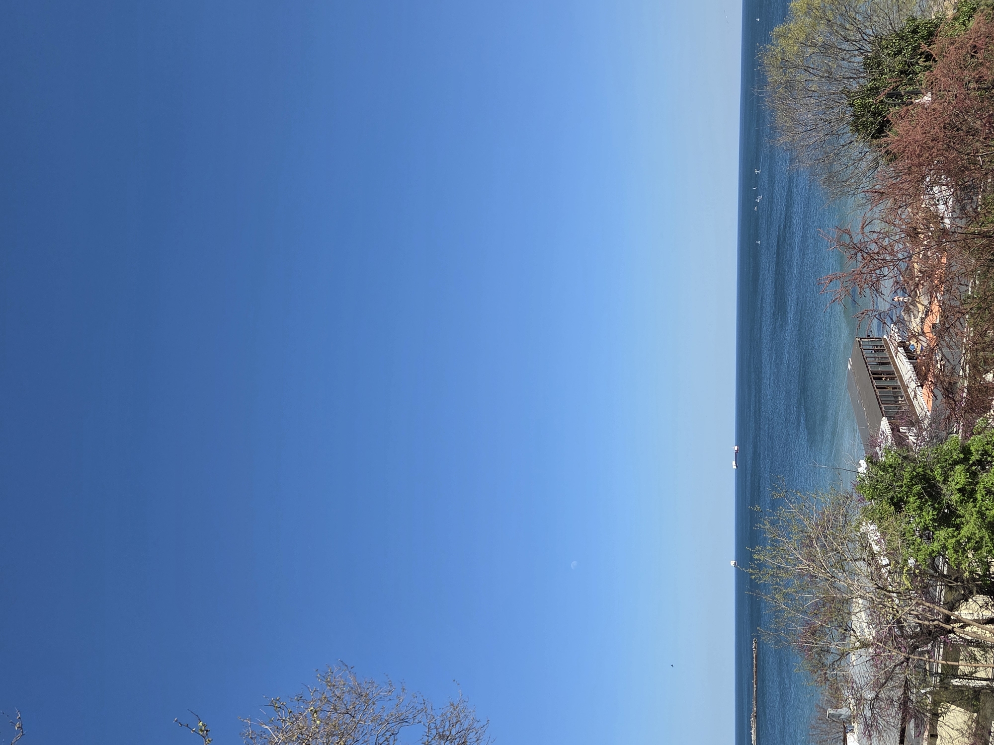 The image depicts a scene in Varna, Bulgaria, showing a view of the Black Sea from an elevated position. A clear blue sky dominates the left side of the frame. The sea occupies the right side, with several small boats and a pier visible on the water. Trees and some buildings can be seen on the shoreline. The image is taken during the daytime, with bright sunlight. A few seagulls are seen flying above the sea.