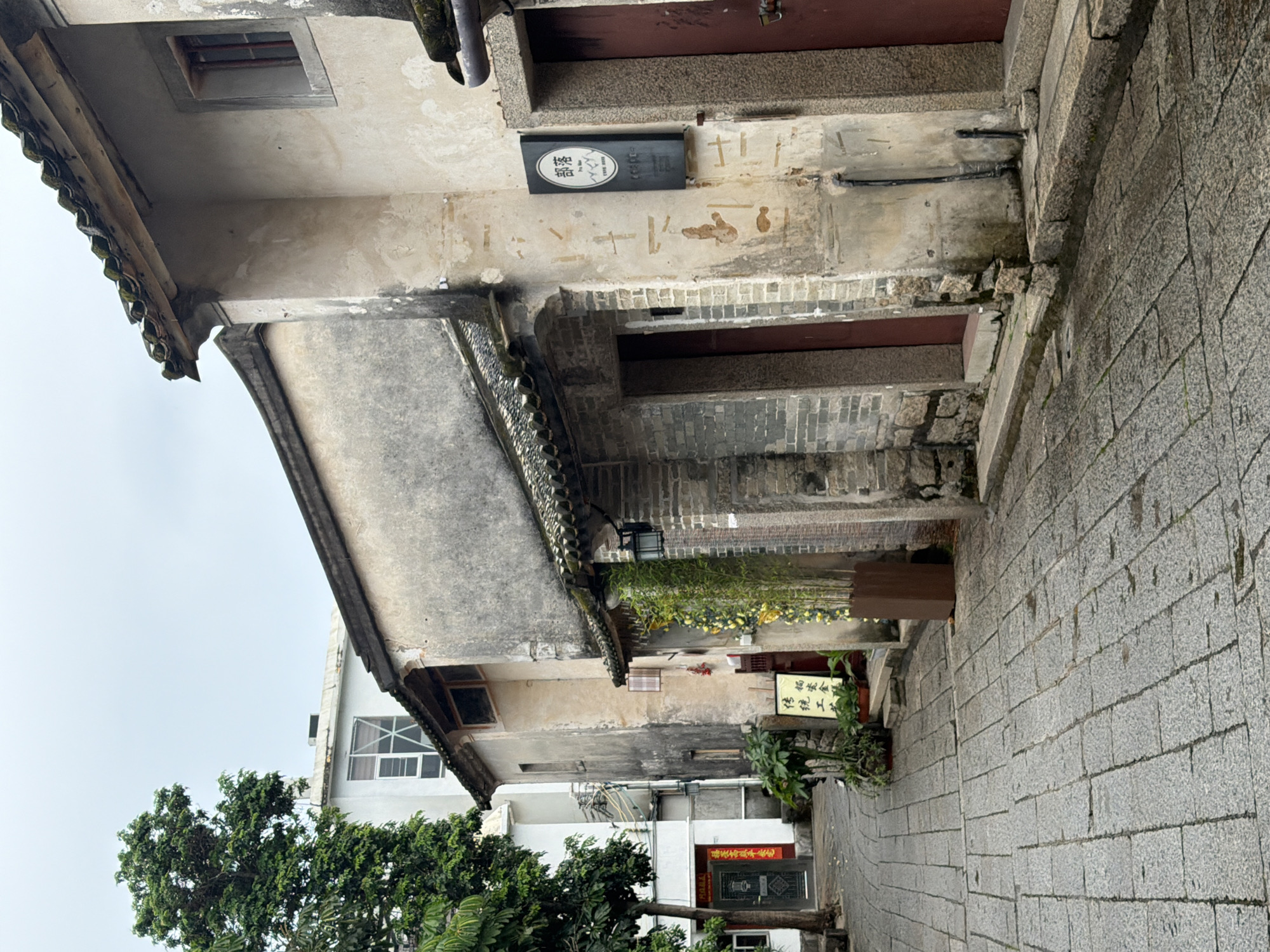 This is a vertical, eye-level, medium shot of a narrow, stone-paved street in Longgang District, China. The street is lined with old, weathered buildings, some of which appear to be made of stone and plaster, with tiled roofs. The sky is overcast and a tree with dense green foliage is visible on the left side of the frame. A white building with windows is partially visible behind the tree.
On the left side of the street, there is a dark wooden door with red banners hanging on either side. Next to the door, there is a tree and some potted plants. Further down the street, there are more buildings with doors and windows. A sign with Chinese characters is visible on one of the buildings, and a black sign with white lettering and a circular emblem is mounted on the wall of another building. The street appears to be wet, suggesting recent rain. There are no people visible in the image.