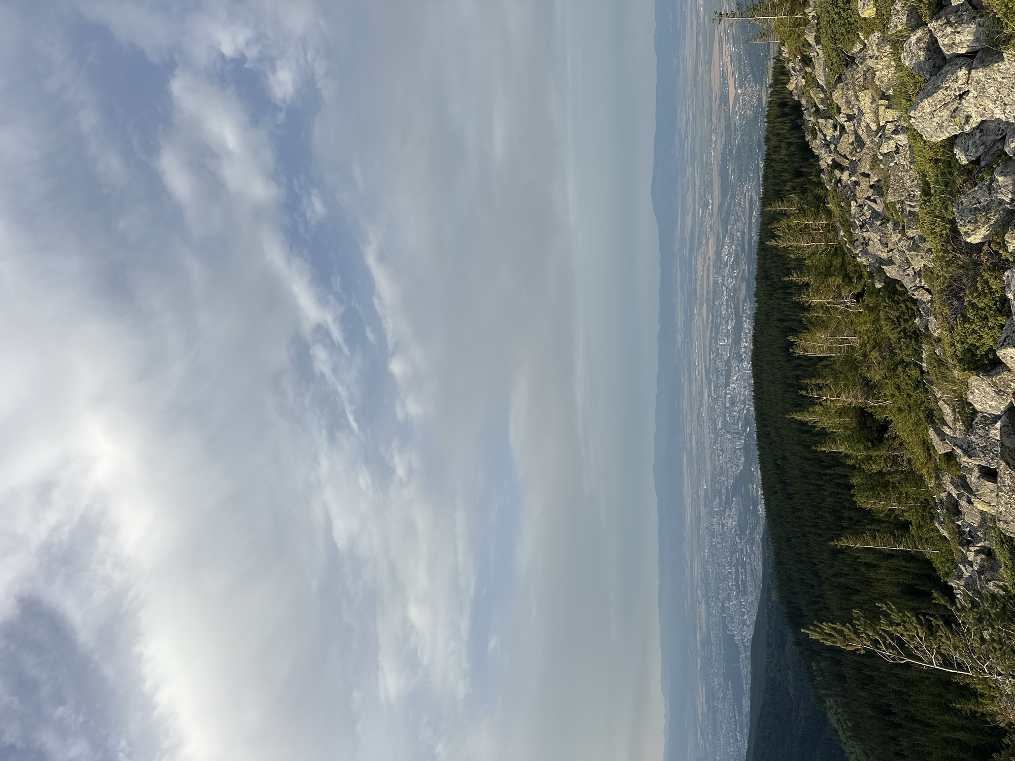 An elevated, wide shot captures a vast landscape with a city nestled in the distance, observed from a rocky, forested mountainside. The sky above is filled with a panorama of scattered, wispy clouds, with patches of pale blue peeking through. The midground features a dense, dark green coniferous forest that carpets the slopes of the mountains. Beyond the forest, a sprawling city with numerous buildings, predominantly gray and white, stretches across a plain. The city's layout suggests a typical urban environment with streets and structures. In the foreground, the terrain is characterized by a rugged, rocky surface covered with low-lying green vegetation and interspersed with a few scattered evergreen trees. The light suggests it is either early morning or late afternoon, casting a soft illumination on the scene. The vantage point is from a high elevation, looking down and out over the city. The location is identified as Bistritsa, Bulgaria, implied to be a view from the Vitosha mountain overlooking the city of Sofia. There are no people or animals visible in the image.