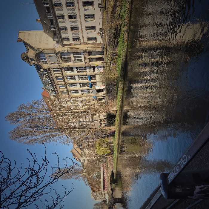 The image depicts a section of the Ill River in Strasbourg, France, specifically the Quai des Bateliers as viewed from the Quai des Pêcheurs, with the Pont National bridge visible on the far left.
In the foreground, a dark metal railing, featuring discernible graffiti, borders the dark, reflective surface of the river. Bare tree branches extend into the upper left of the frame against a clear, bright blue sky.
Across the river, on the opposing bank, a stone arch bridge (Pont National), marked with red graffiti, spans the water on the left side of the scene. Beyond this bridge, a modern, multi-story building with horizontal wooden paneling is partially visible. The riverbank is lined by a series of multi-story urban buildings. A prominent light-colored, ornate building features a decorative roofline element, numerous large windows, and two blue awnings at its street level. To its immediate right, a less ornate building displays "ASSURANCES ALSACIENNES" painted vertically on its unwindowed side wall and possesses multiple windows equipped with closed white shutters. One individual is observed riding a bicycle on the sidewalk directly in front of this shuttered building.
The river's surface reflects the architectural structures and the tall, slender, leafless trees (likely poplars) that punctuate the grassy riverbank. A smaller, lighter green tree is positioned centrally on the bank. The entire scene is brightly illuminated by natural daylight.