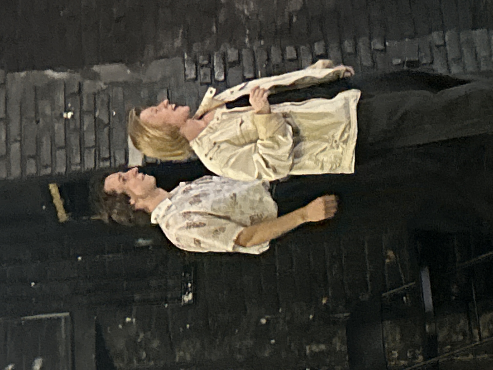 Two individuals, a male and a female, stand against a dark brick wall. The male, on the left, wears a short-sleeved, light-colored patterned shirt and dark pants. He has brown hair and is looking to his right. The female, on the right, has blonde hair and wears a light-colored jacket over a dark top and dark pants. She is also looking to her right and appears to be speaking. The background consists of a textured dark brick wall, with some lighting elements and shadows creating a dramatic effect. The overall impression is of a theatrical or urban setting.