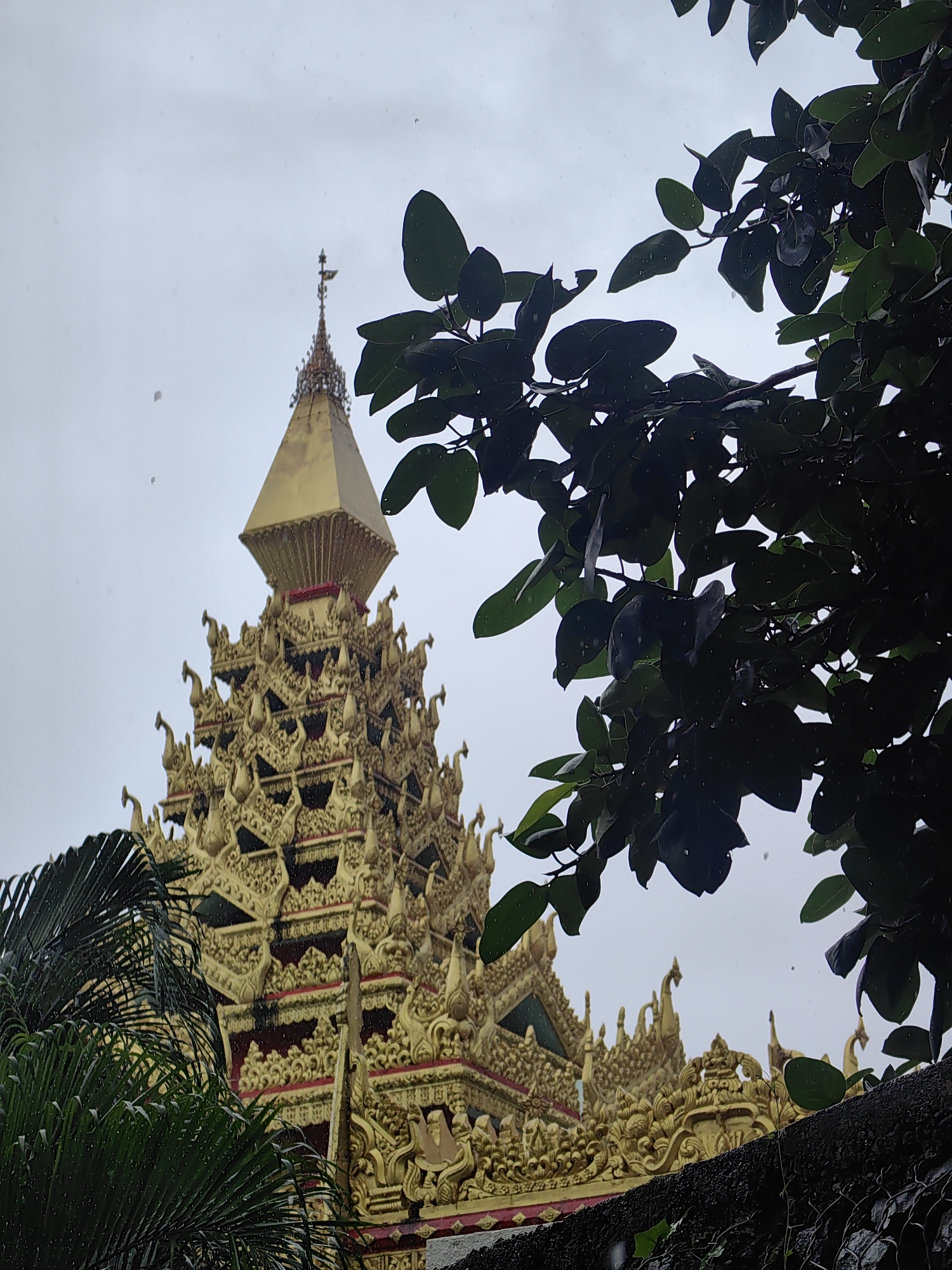 An ornate, golden Buddhist stupa dominates the center of the frame, its multi-tiered roof adorned with intricate carvings and what appear to be mythical creatures. The stupa's spire, topped with a finial, pierces a pale, overcast sky. Lush green foliage, with some leaves showing water droplets, frames the top and left of the stupa, suggesting recent rain or high humidity. A dark, textured wall runs along the bottom foreground, partially obscured by palm fronds on the left. The scene appears to be set outdoors, with the atmospheric lighting indicating a cloudy or rainy day. Without further information, the specific location within Mumbai, India, cannot be determined.
