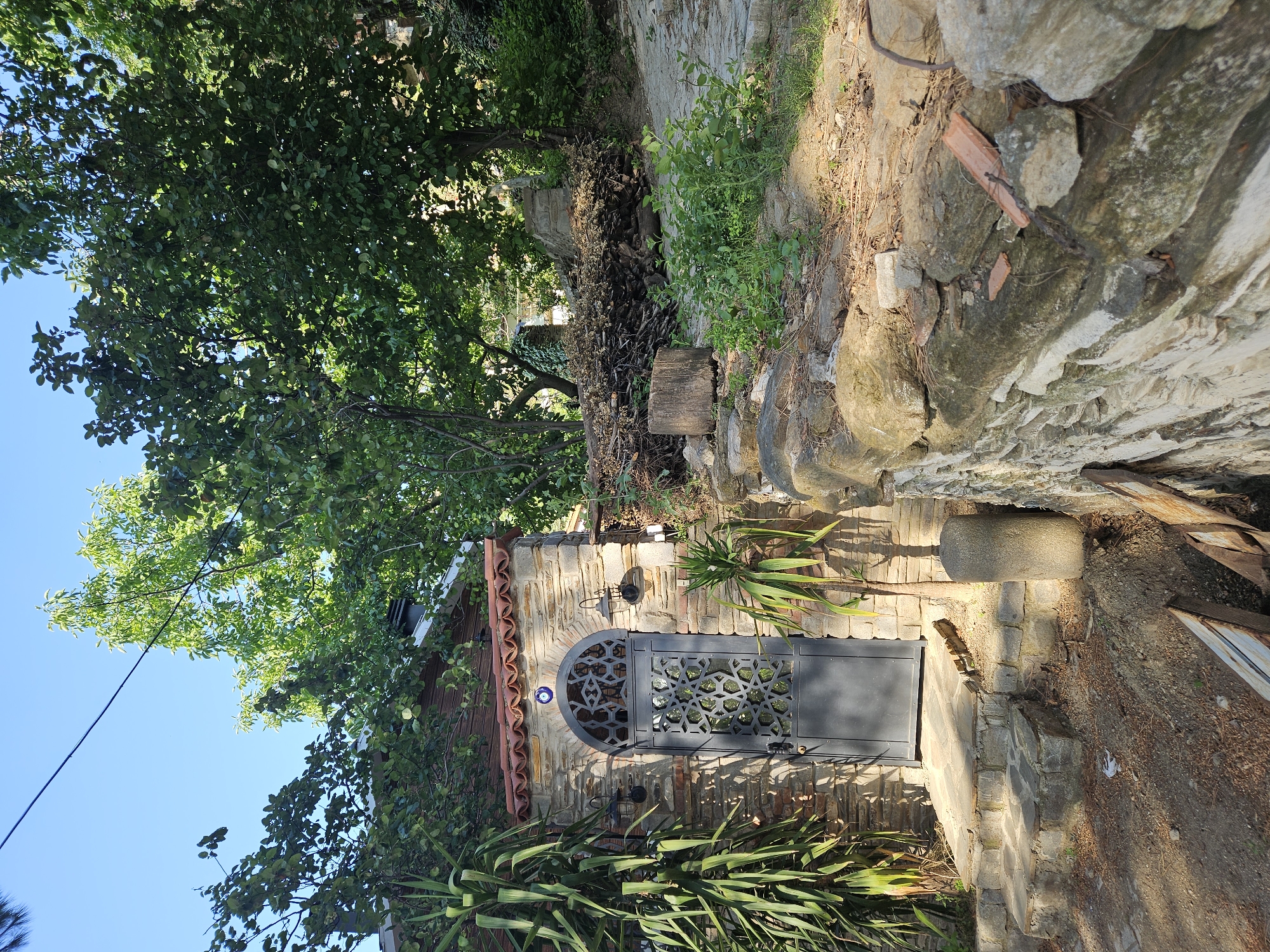 The image depicts a rustic outdoor scene in Tire, Turkey, characterized by a stone building entrance set amidst abundant greenery under a clear blue sky. The central feature is a dark grey metal door with an arched top, intricately detailed with geometric, star-like cutouts. This door is integrated into a wall constructed from varied, irregular cut stone blocks, topped by a border of red terracotta roof tiles. Directly above the door's arch, a round blue "evil eye" charm is affixed to the stone wall. Two dark-colored wall lamps with glass globes are mounted on either side of the arched doorway.
To the immediate left of the entrance, a large, multi-stemmed plant with long, sword-shaped green leaves grows beside stone steps that lead up to the doorway. A smaller, similar plant stands to the right of the door. The ground in the lower foreground is composed of dirt mixed with small stones and dry leaf litter. On the right side of the image, a low, rough-hewn stone retaining wall runs horizontally, leading to a section of a paved path made of irregular stones. Behind this wall, a substantial pile of stacked cut branches and logs is visible, accompanied by a large tree stump.
The upper portion of the image is dominated by lush green deciduous trees with dense foliage, silhouetted against a bright, unblemished blue sky. A thin, dark utility line extends diagonally across the upper left section of the sky. The scene is illuminated by strong sunlight, casting defined shadows that enhance the texture of the stone walls and the foliage. No people or animals are present in the frame.