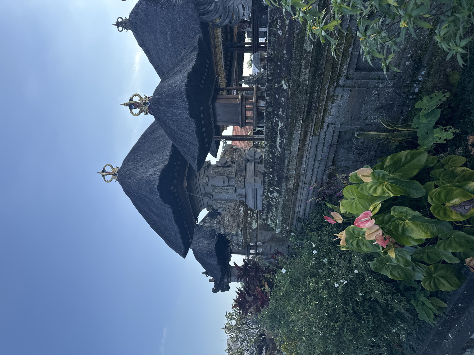 The image depicts the Pura Kehen temple complex in Bangli, Bali, Indonesia, under a clear blue sky. Several multi-tiered thatched-roof structures, topped with ornate golden crowns, dominate the upper portion of the frame. These structures are adorned with stone carvings. In the foreground, lush green foliage and large-leafed plants, some bearing pink and cream-colored flowers, are visible. A stone wall, covered in moss and lichen, separates the foreground from the temple structures. The overall scene conveys a sense of tranquility and cultural richness.