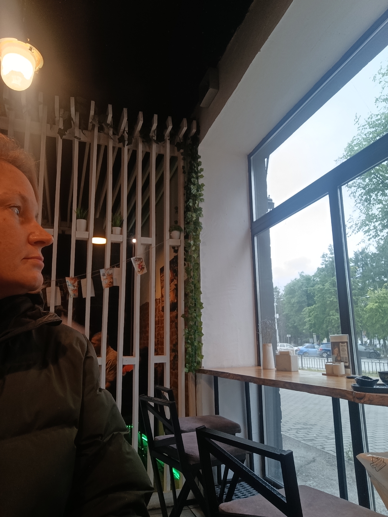 A person in a green puffer jacket is seated near a window in a cafe in Chaikovsky, Russia. The view outside the window shows trees, a street, parked cars, and buildings. The cafe features a high table by the window with two bar stools. A decorative white wooden structure with hanging cards and potted plants is on the left. There's a hanging light fixture near the top left corner of the frame.